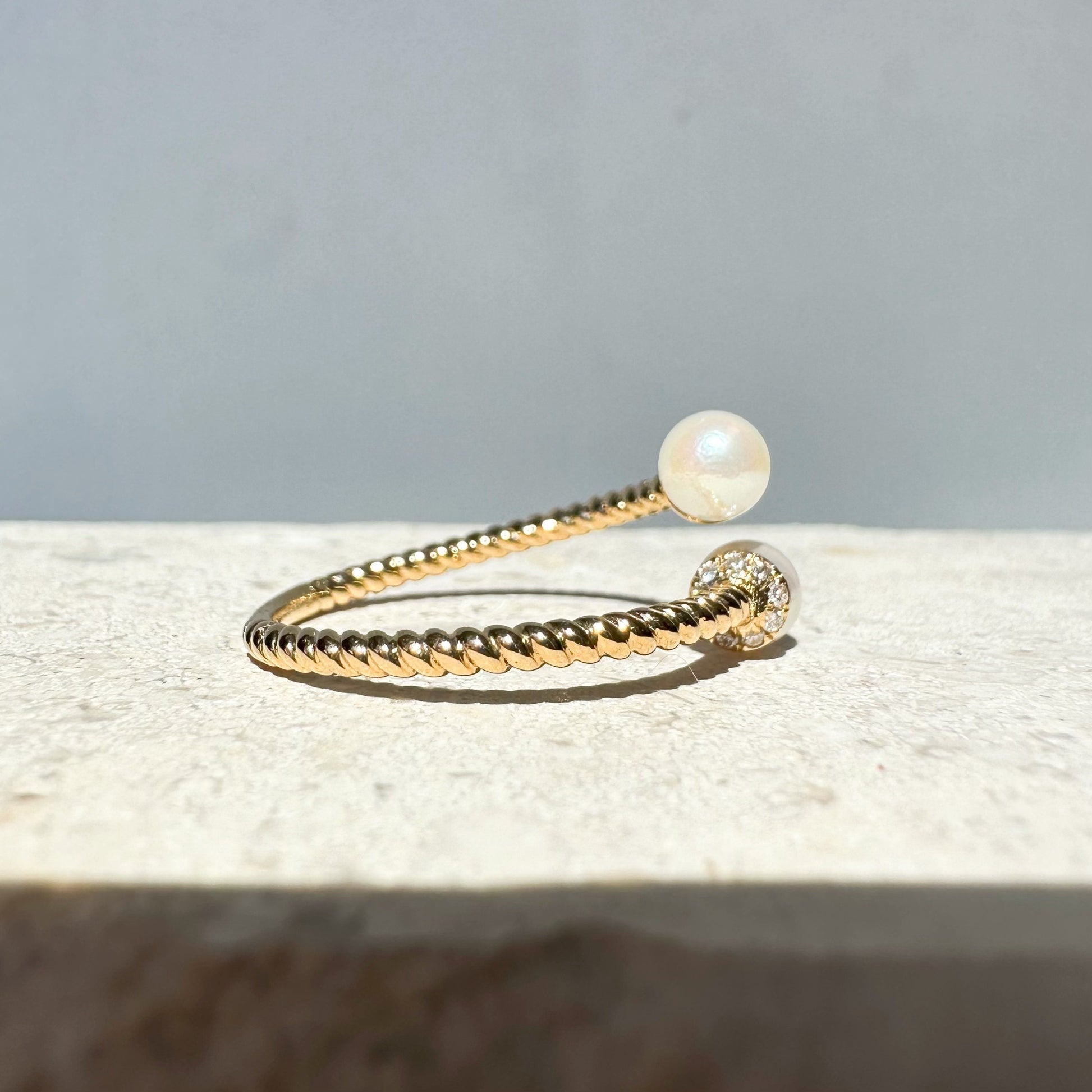 18K Solid Gold Genuine Akoya Pearl and Diamond Ring