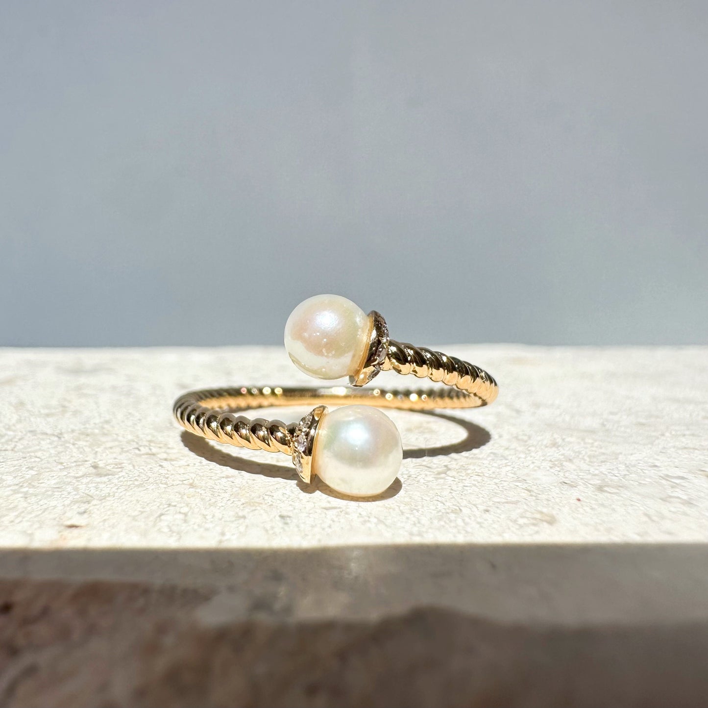 18K Solid Gold Genuine Akoya Pearl and Diamond Ring