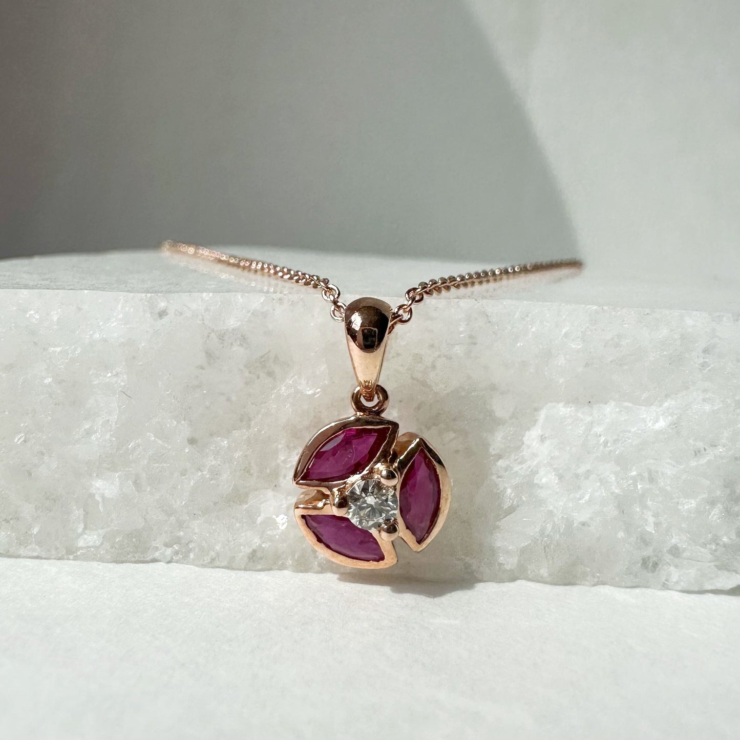 14K Solid Rose Gold Genuine Diamond and Ruby Circle Pendant