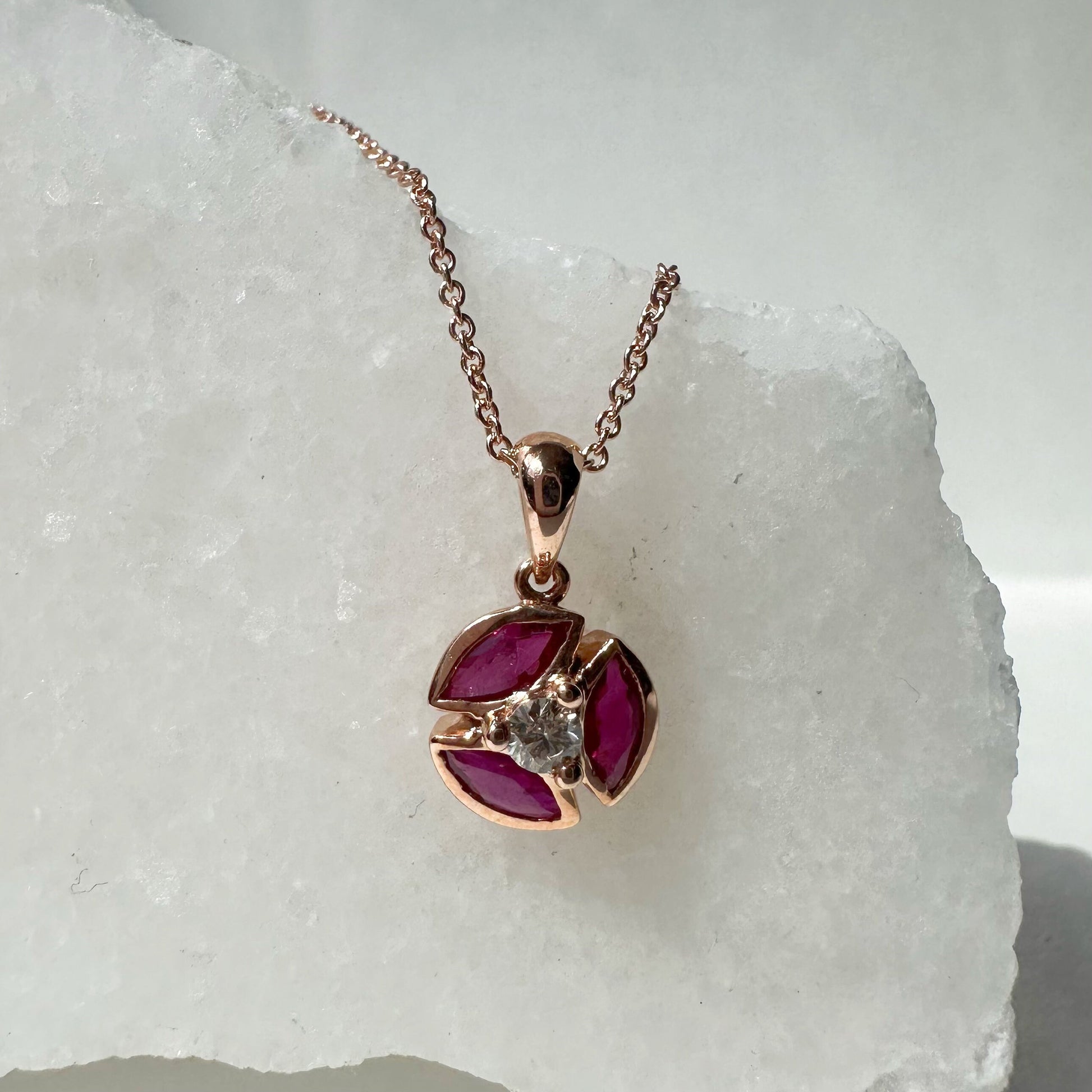 14K Solid Rose Gold Genuine Diamond and Ruby Circle Pendant