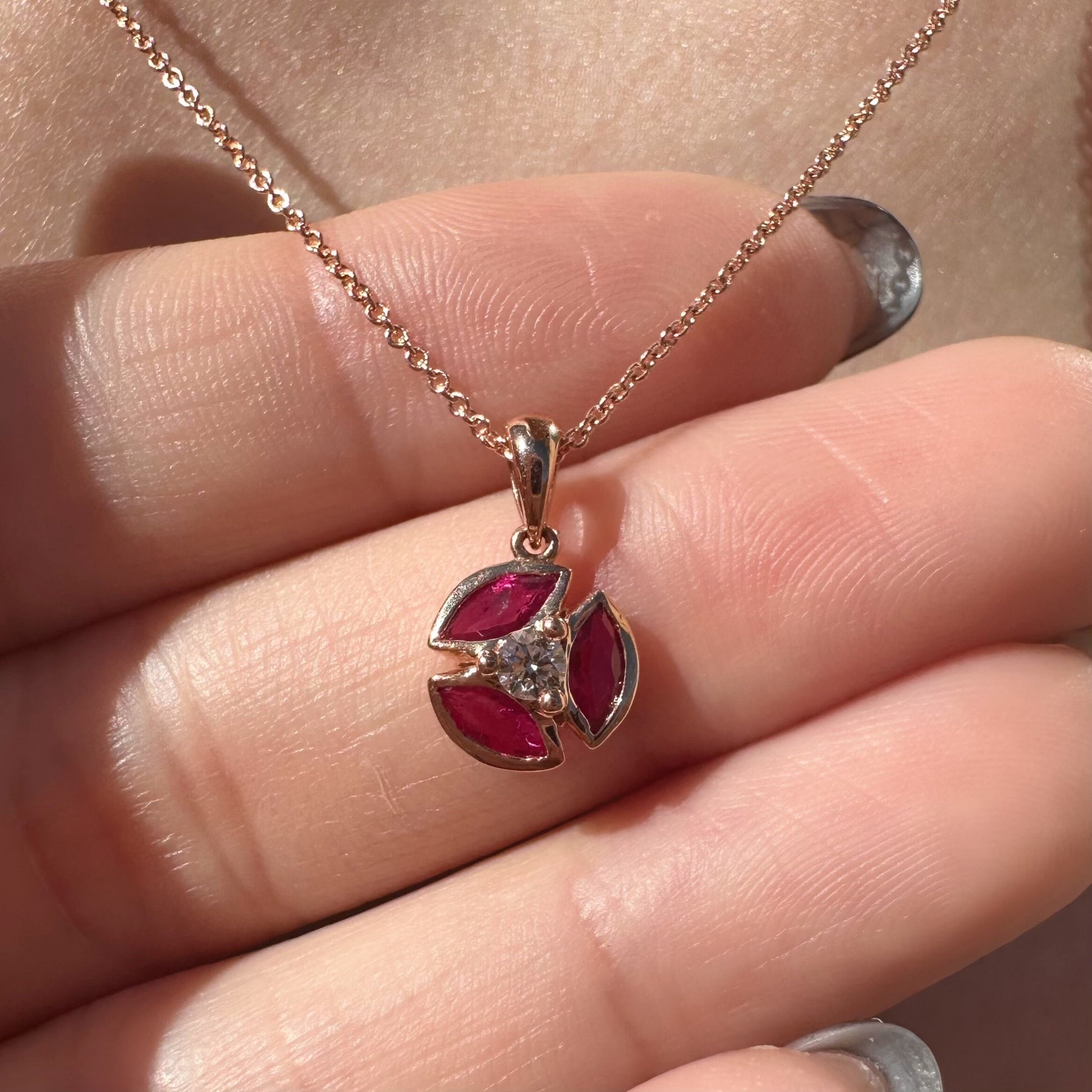 14K Solid Rose Gold Genuine Diamond and Ruby Circle Pendant