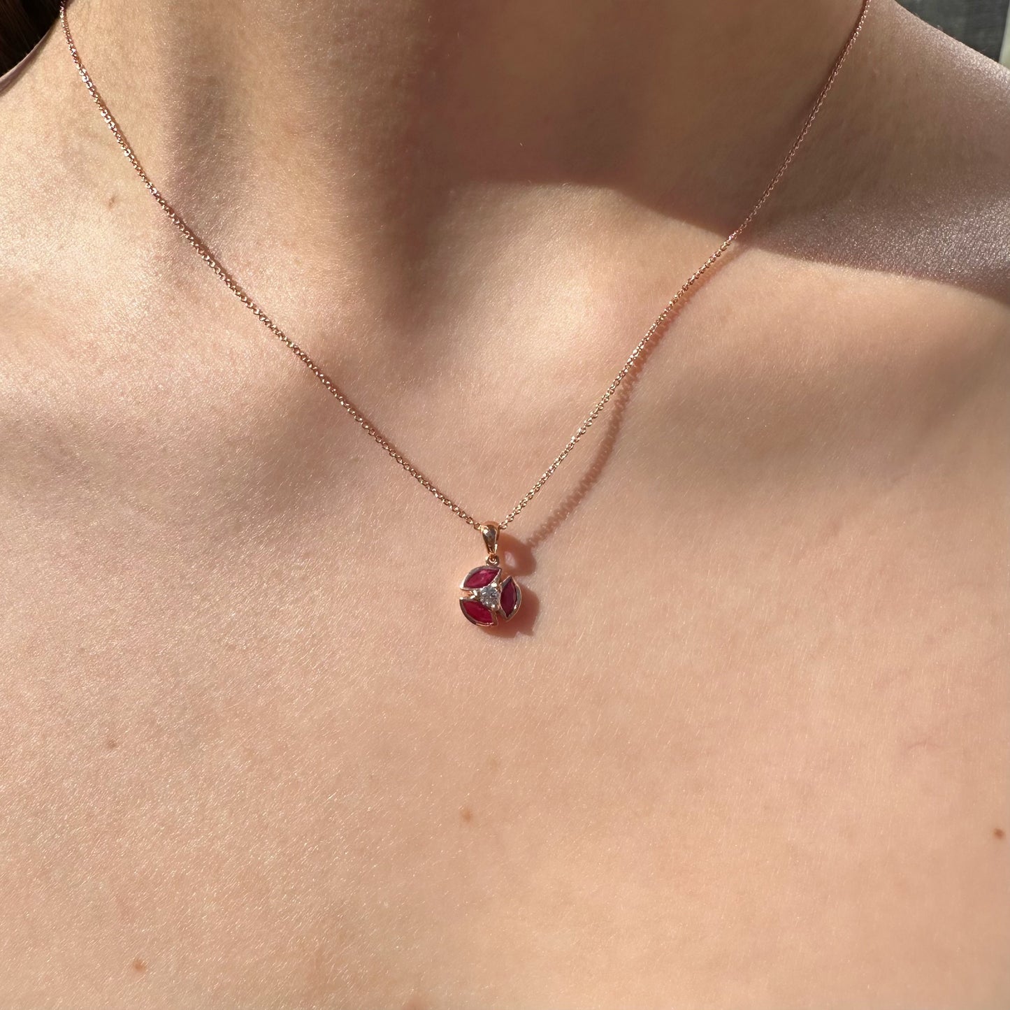 14K Solid Rose Gold Genuine Diamond and Ruby Circle Pendant