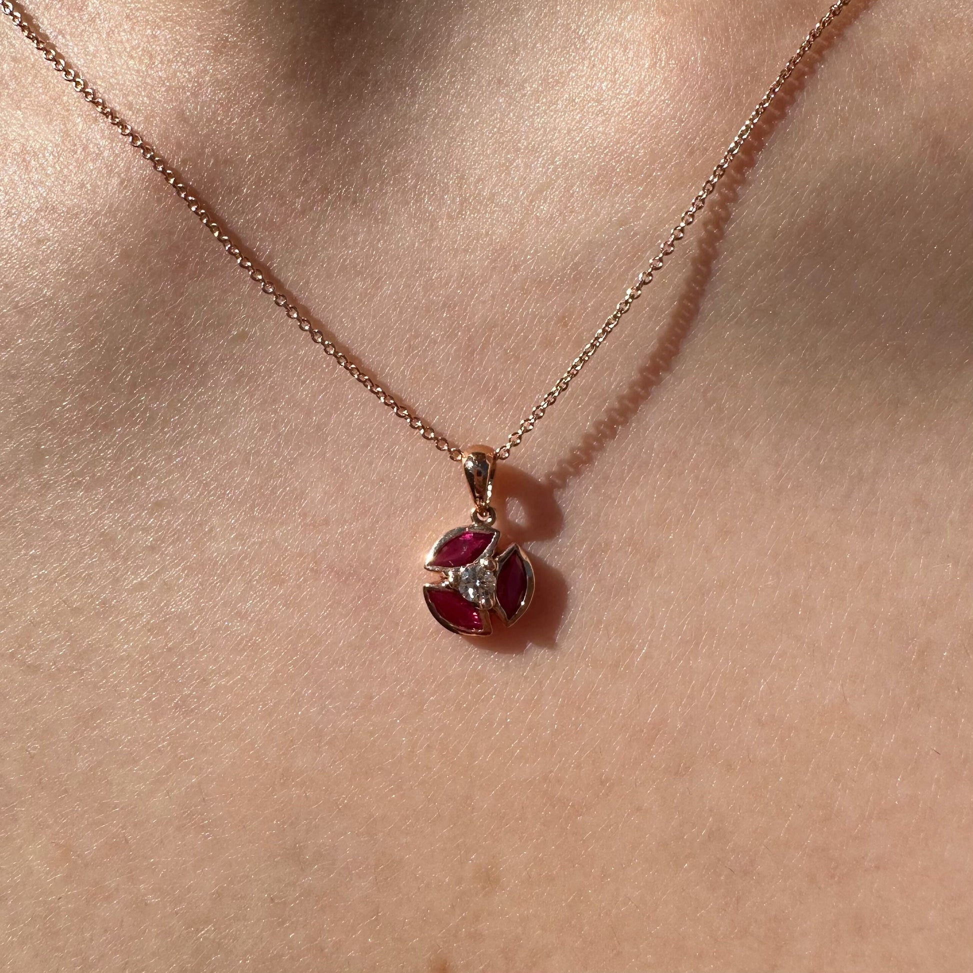 14K Solid Rose Gold Genuine Diamond and Ruby Circle Pendant