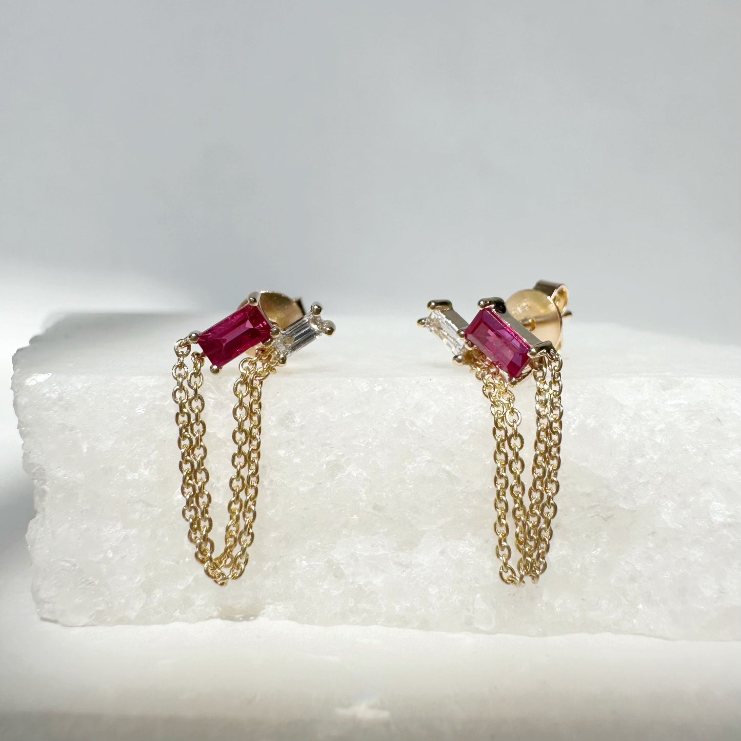 14K Solid Gold Genuine Ruby and Diamond Double Chain Earrings/Pair