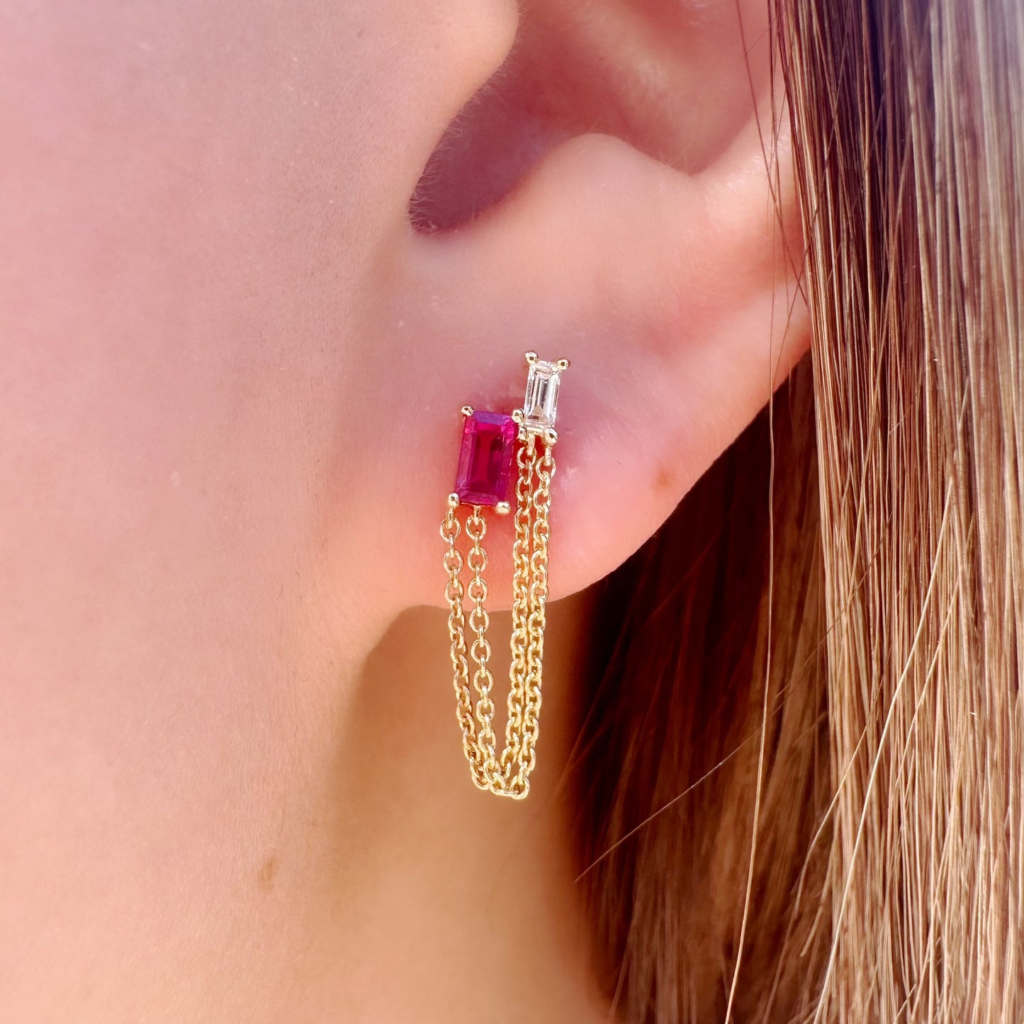 14K Solid Gold Genuine Ruby and Diamond Double Chain Earrings/Pair