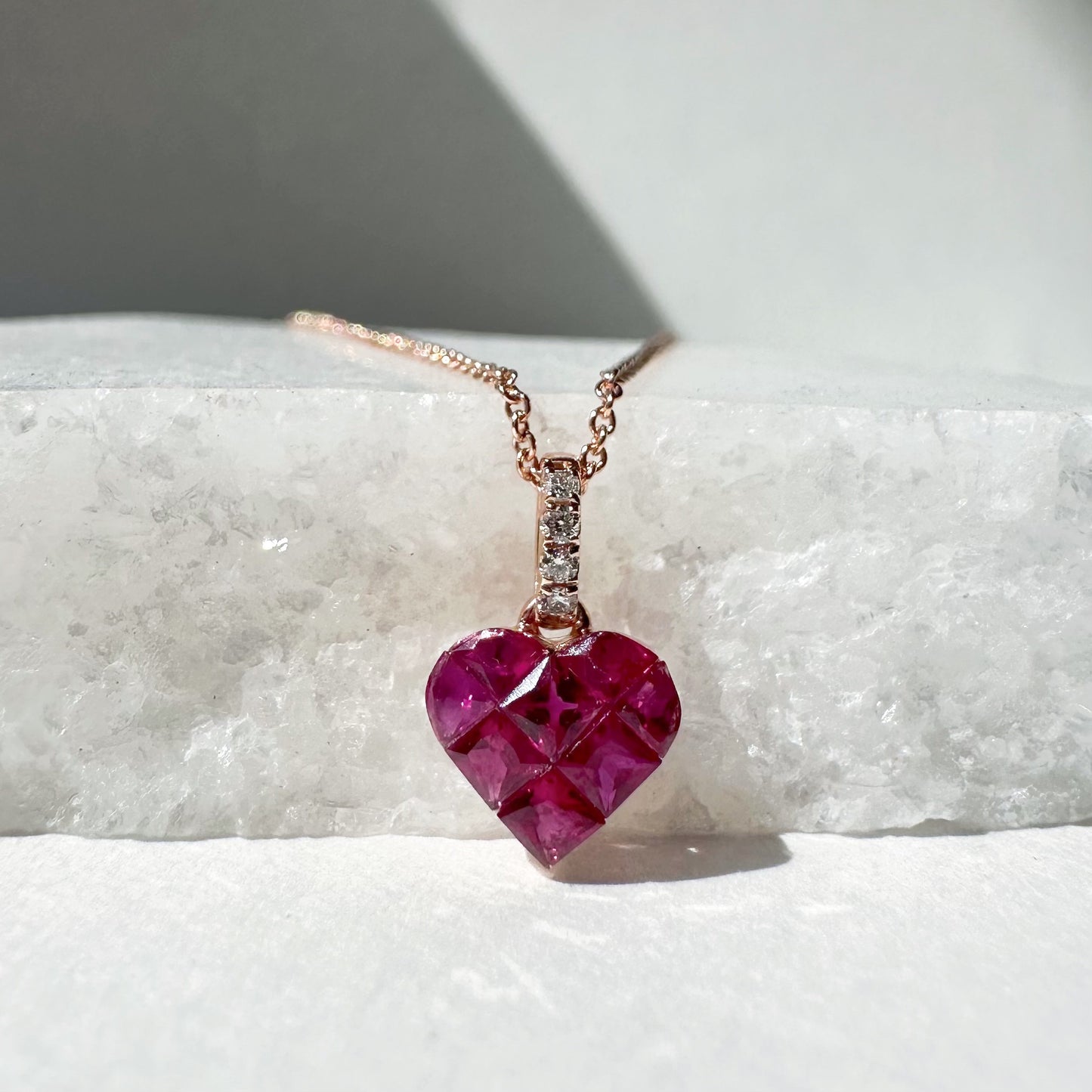 14K Solid Rose Gold Genuine Diamond and Ruby Heart Pendant