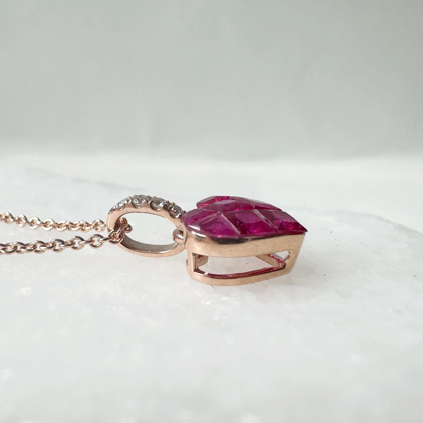 14K Solid Rose Gold Genuine Diamond and Ruby Heart Pendant