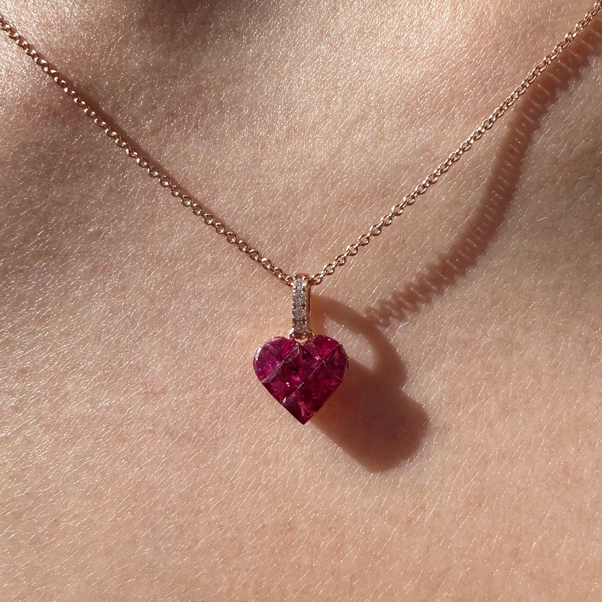 14K Solid Rose Gold Genuine Diamond and Ruby Heart Pendant