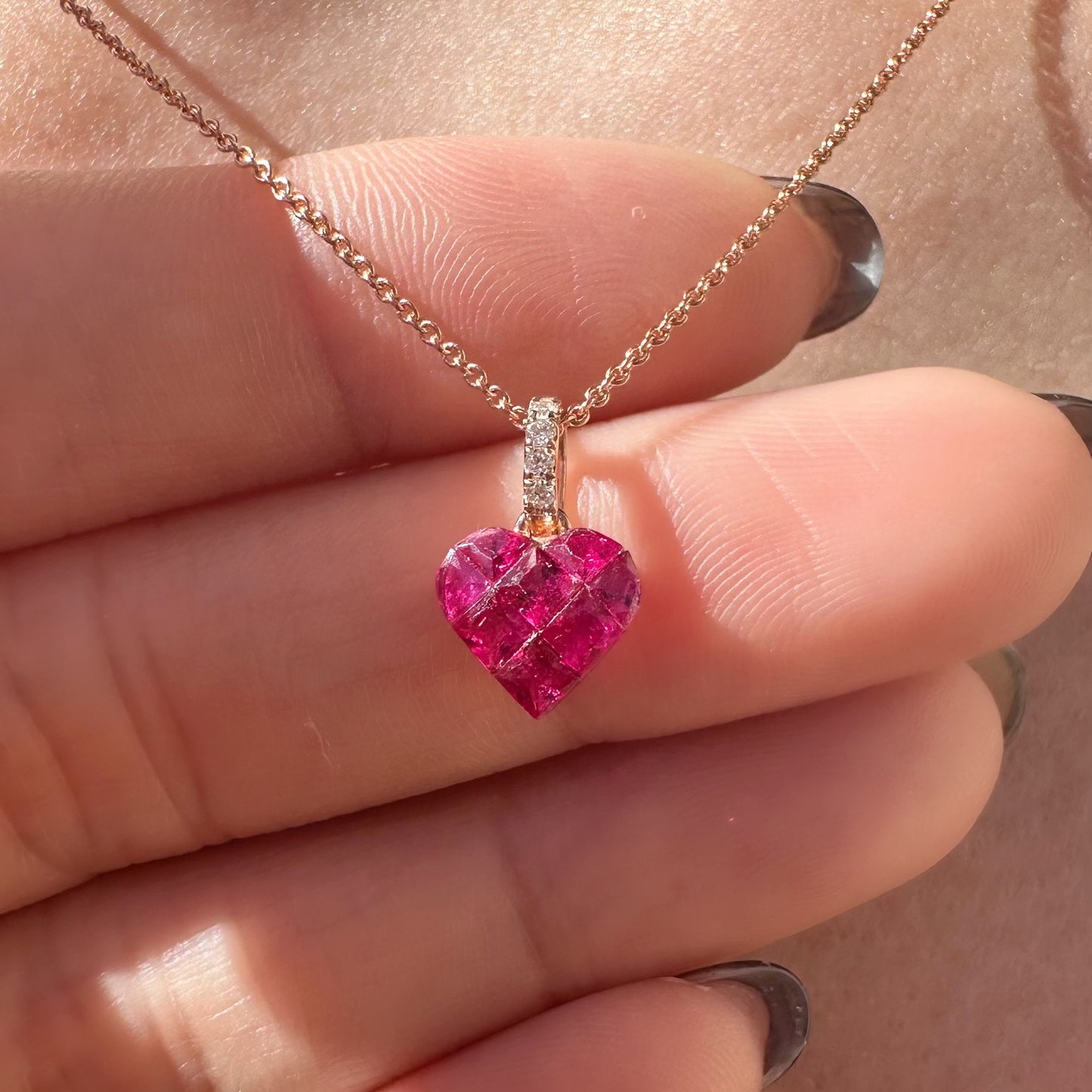 14K Solid Rose Gold Genuine Diamond and Ruby Heart Pendant