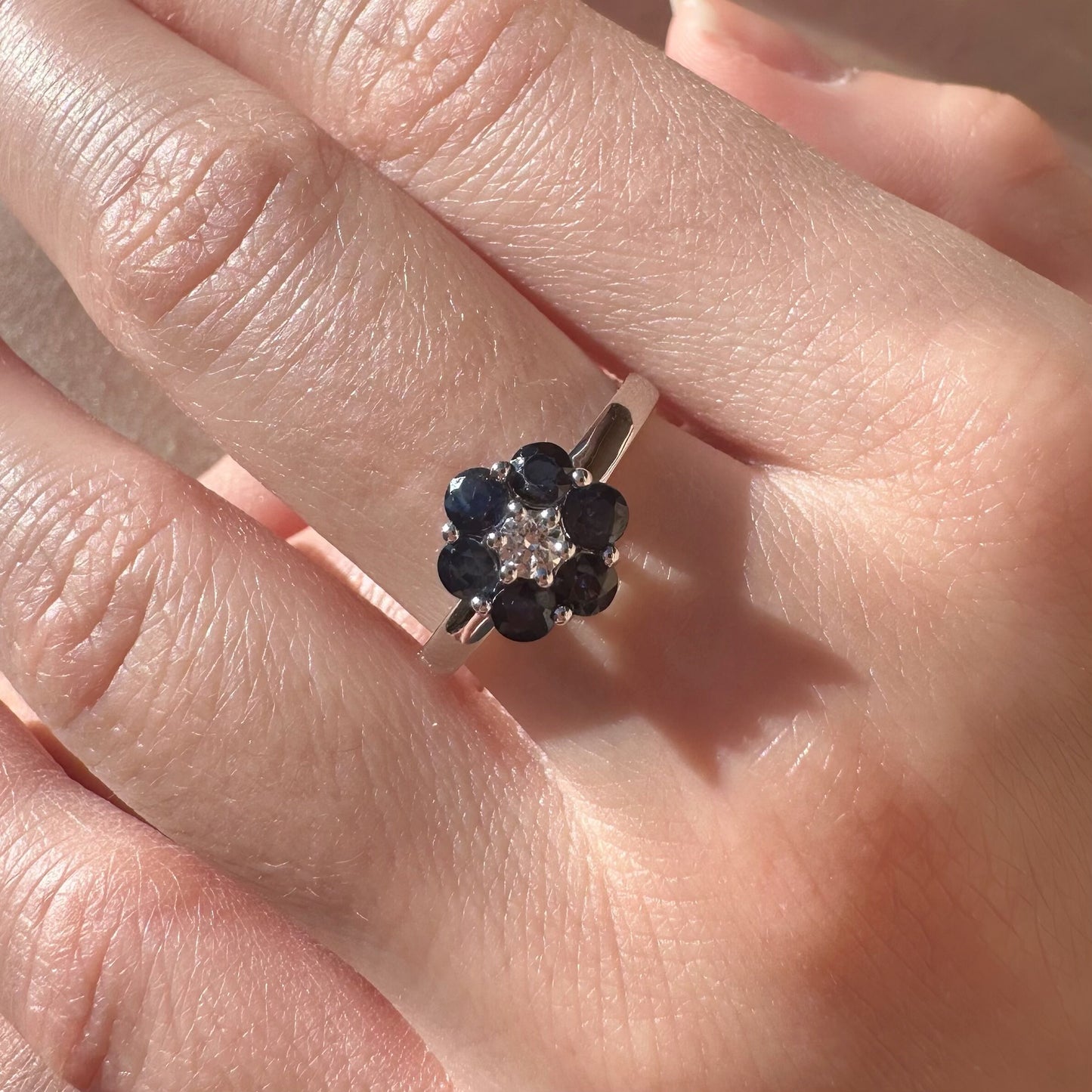 14K Solid Gold Genuine Sapphire and Diamond Flower Ring