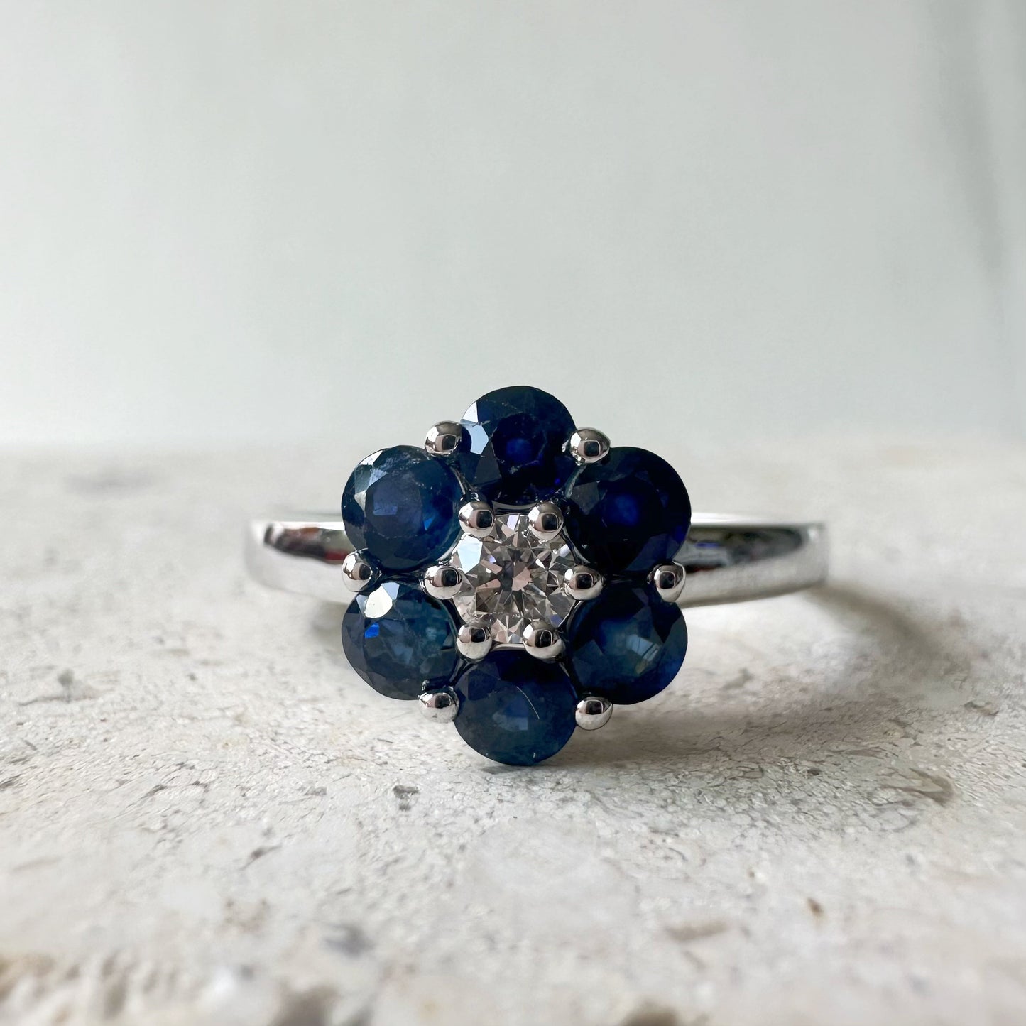 14K Solid Gold Genuine Sapphire and Diamond Flower Ring