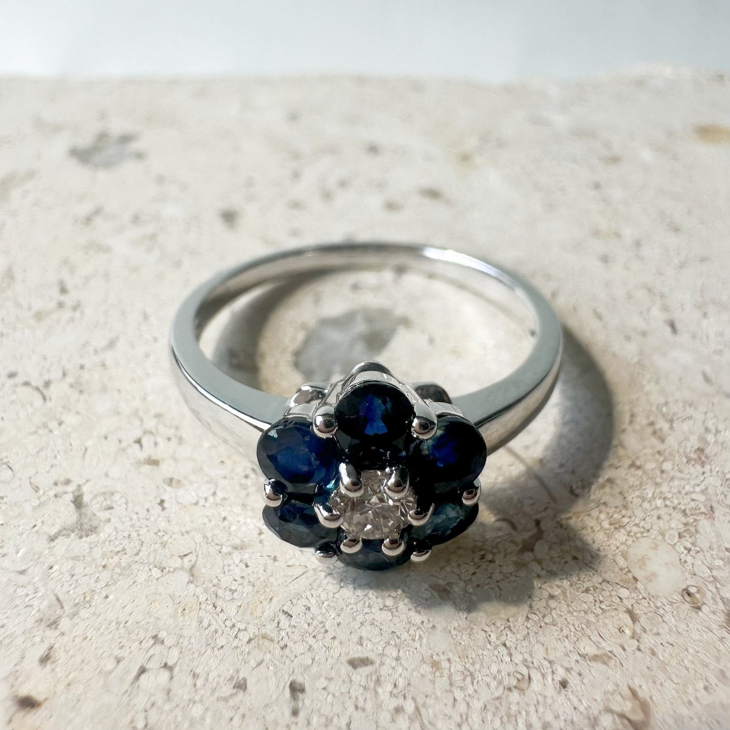 14K Solid Gold Genuine Sapphire and Diamond Flower Ring