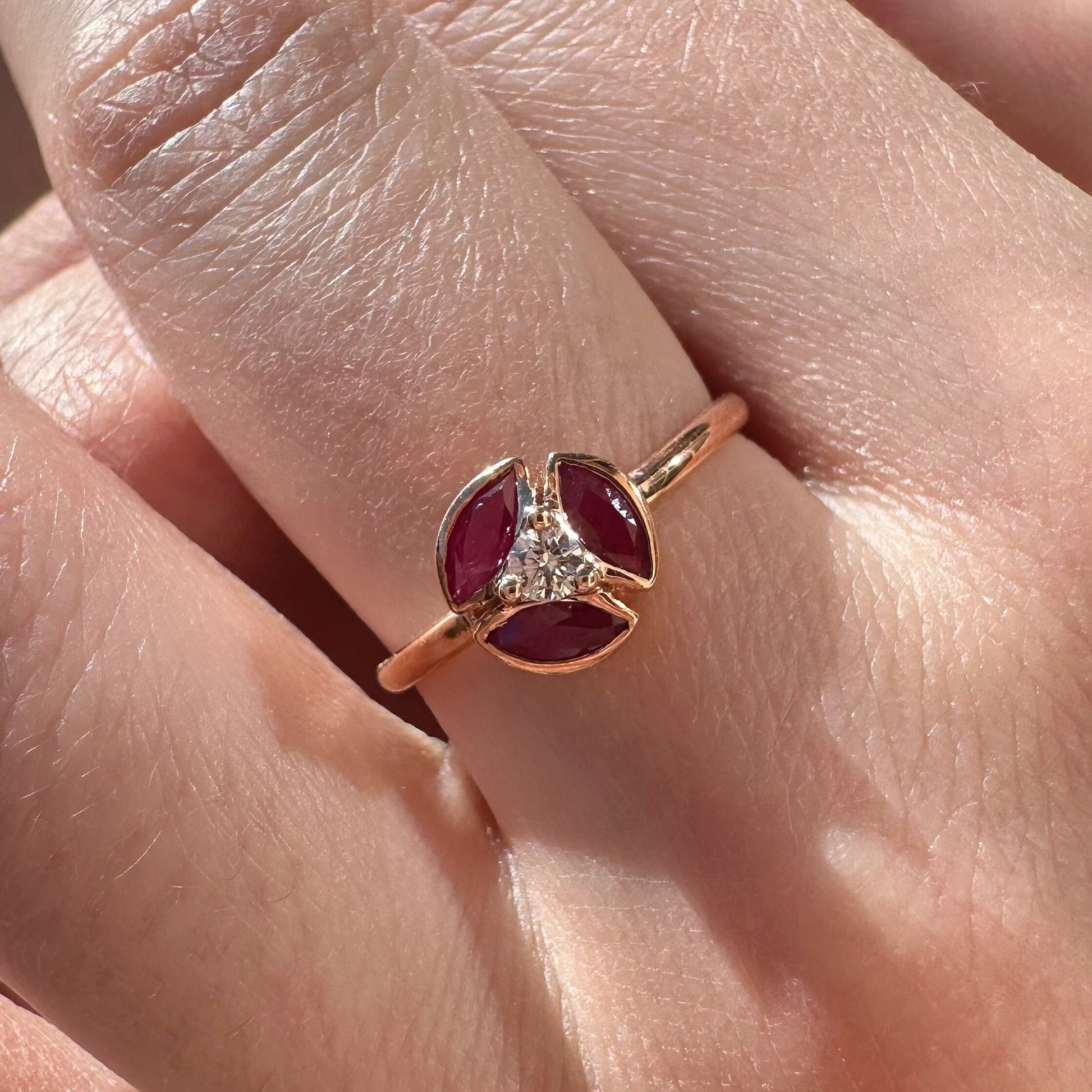 14K Solid Rose Gold Genuine Ruby and Diamond Marquise Ring