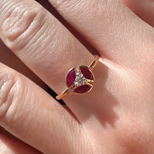 14K Solid Rose Gold Genuine Ruby and Diamond Marquise Ring