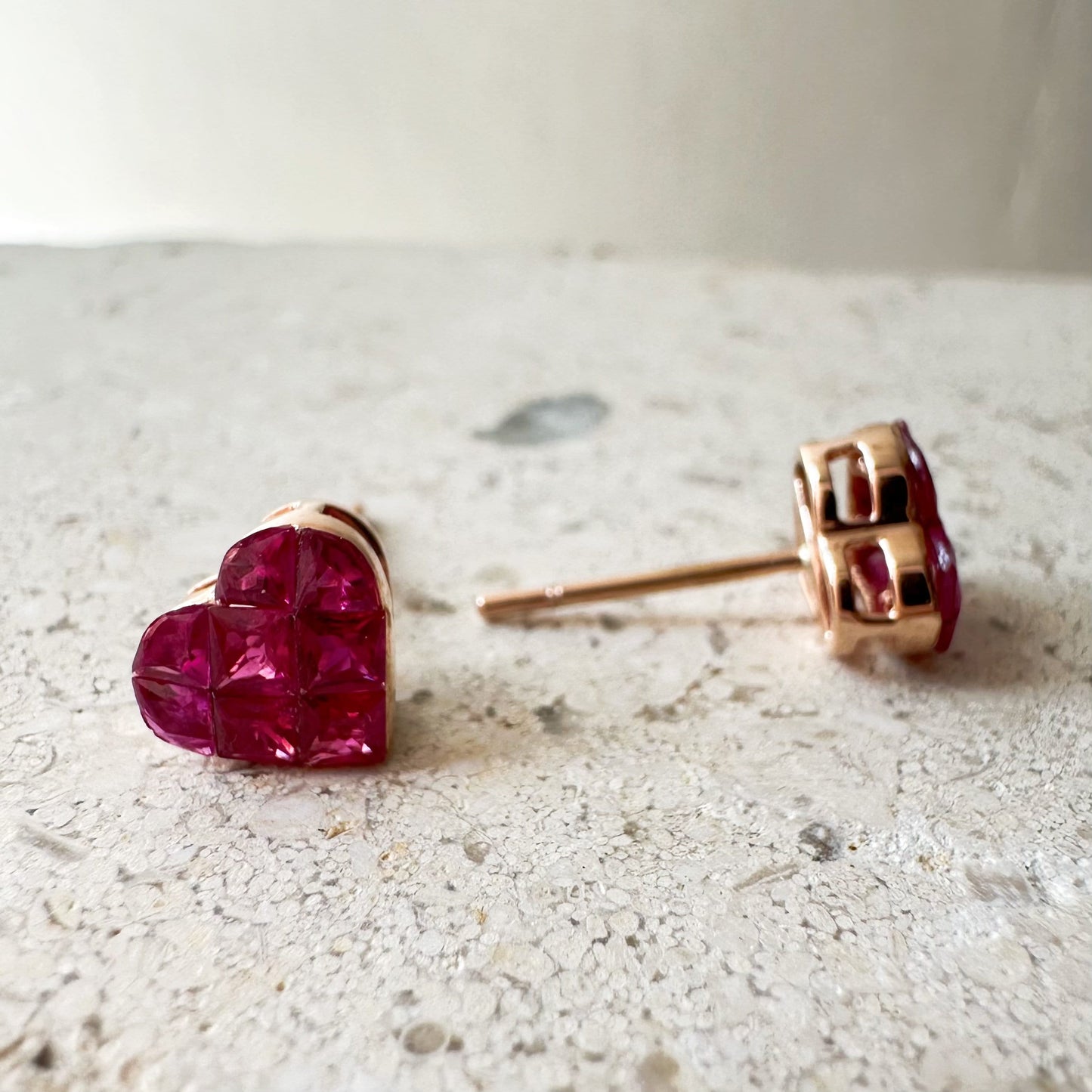 14K Solid Rose Gold Invisible Setting Ruby Heart Studs