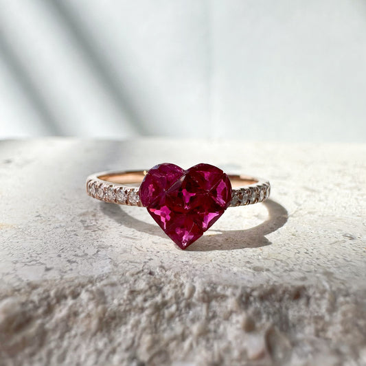 14K Solid Rose Gold Genuine Ruby and Diamond Invisible Setting Heart Ring