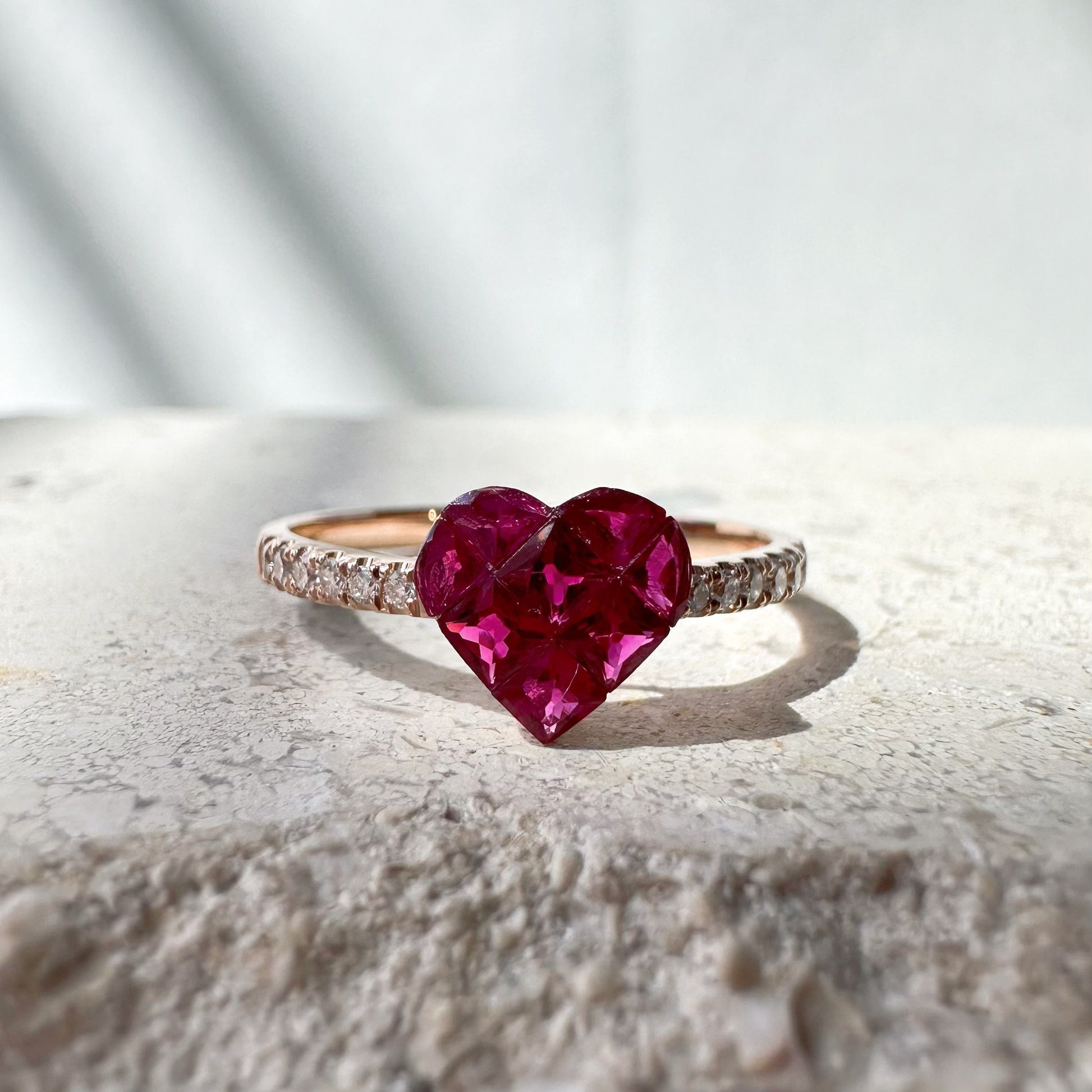 18K Solid Gold Genuine Ruby and Diamond Invisible Setting Heart Ring