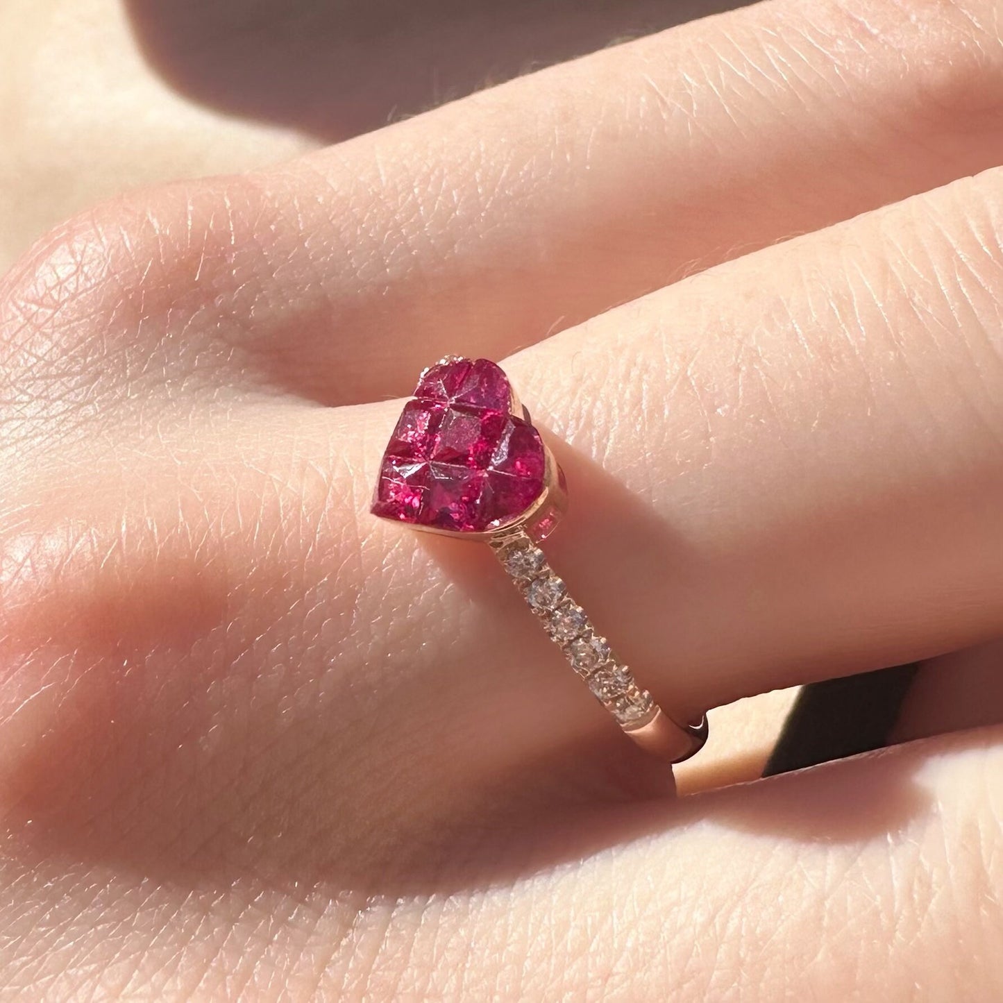 14K Solid Rose Gold Genuine Ruby and Diamond Invisible Setting Heart Ring