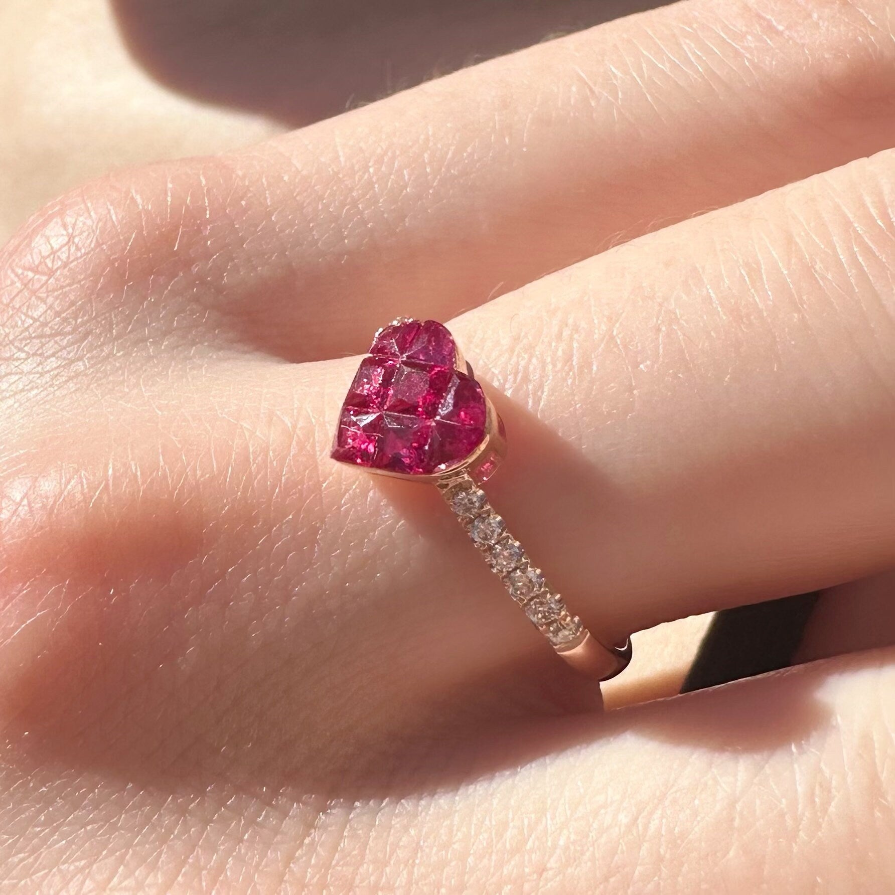 14K Solid Rose Gold Genuine Ruby and Diamond Invisible Setting Heart Ring