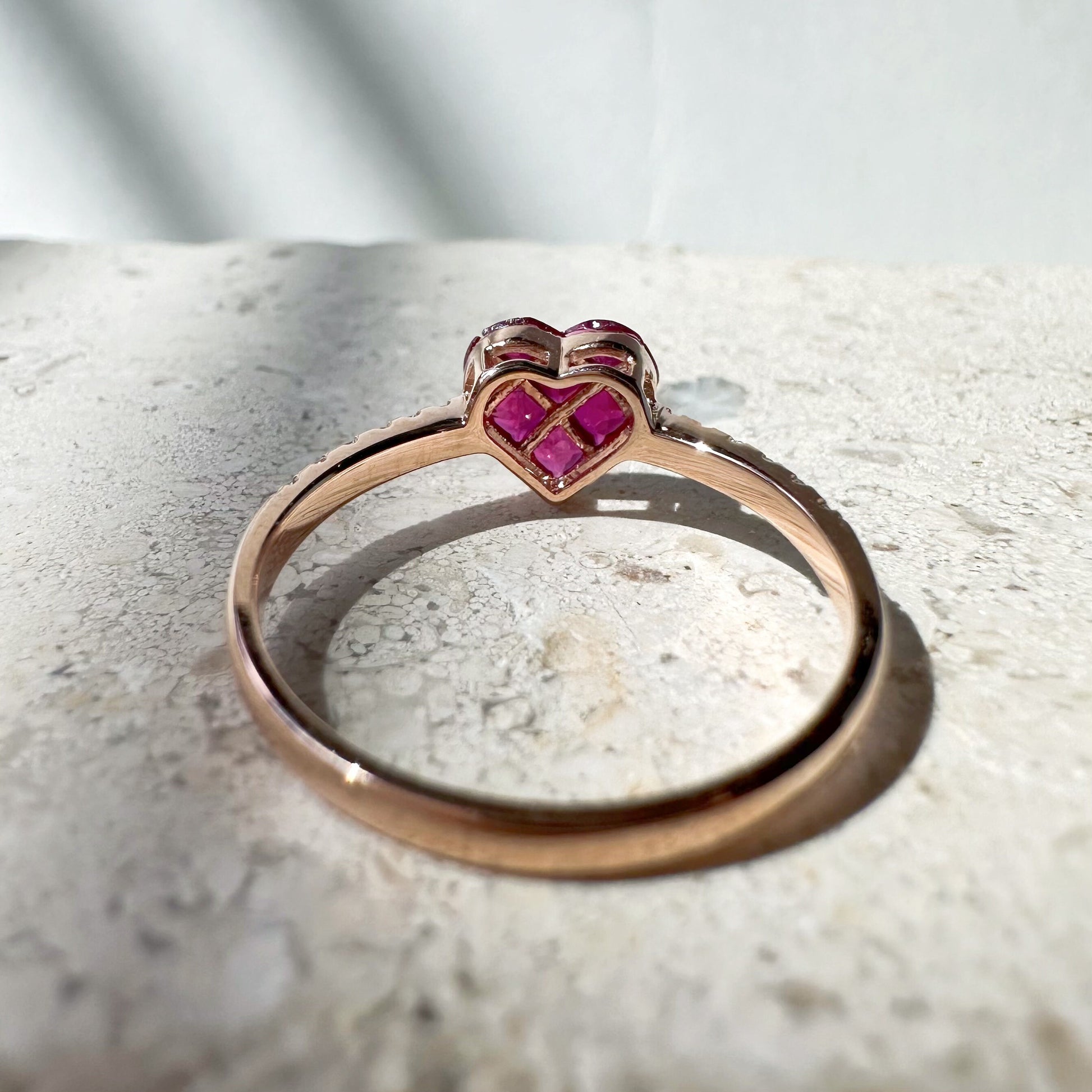 14K Solid Rose Gold Genuine Ruby and Diamond Invisible Setting Heart Ring