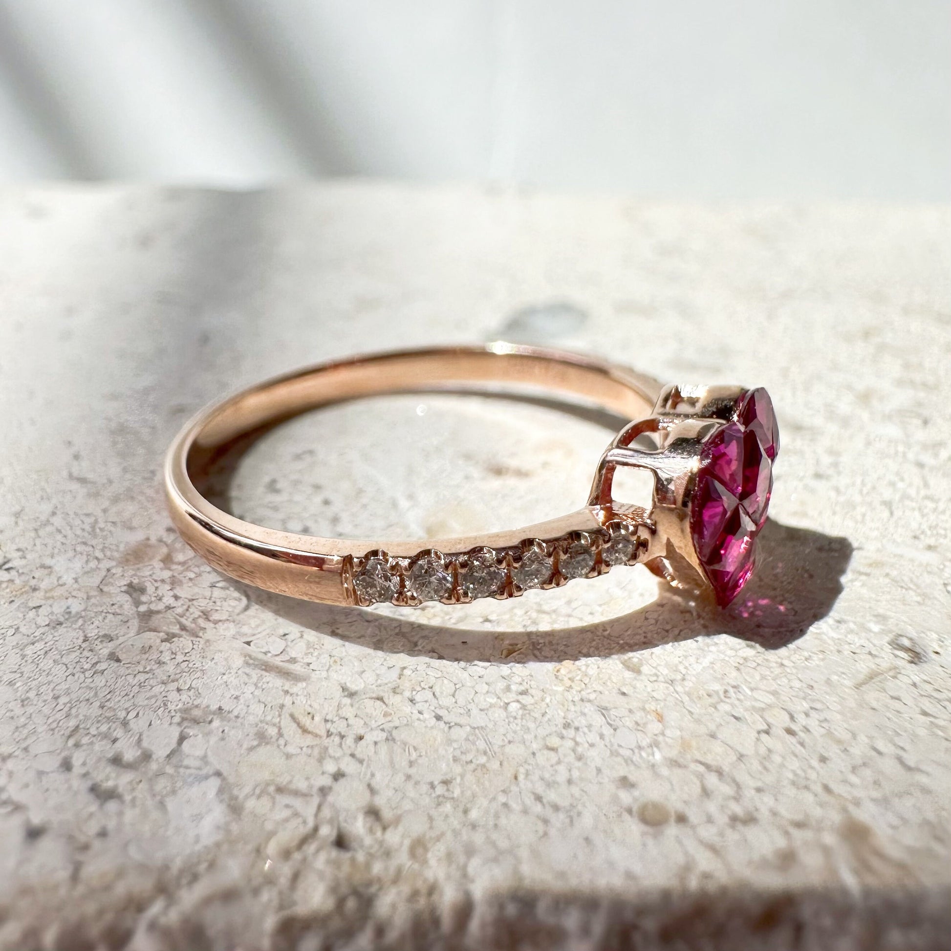 14K Solid Rose Gold Genuine Ruby and Diamond Invisible Setting Heart Ring