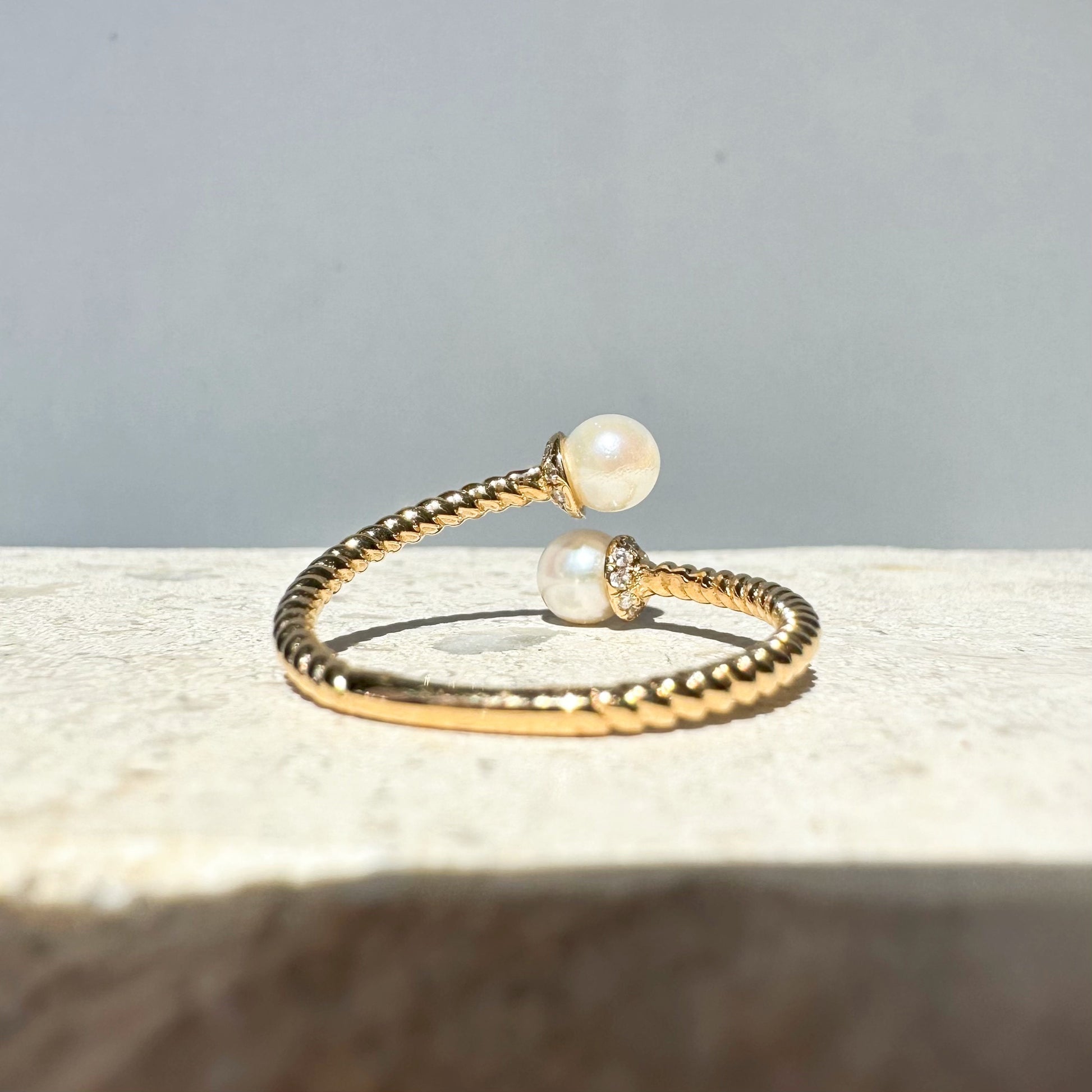 18K Solid Gold Genuine Akoya Pearl and Diamond Ring