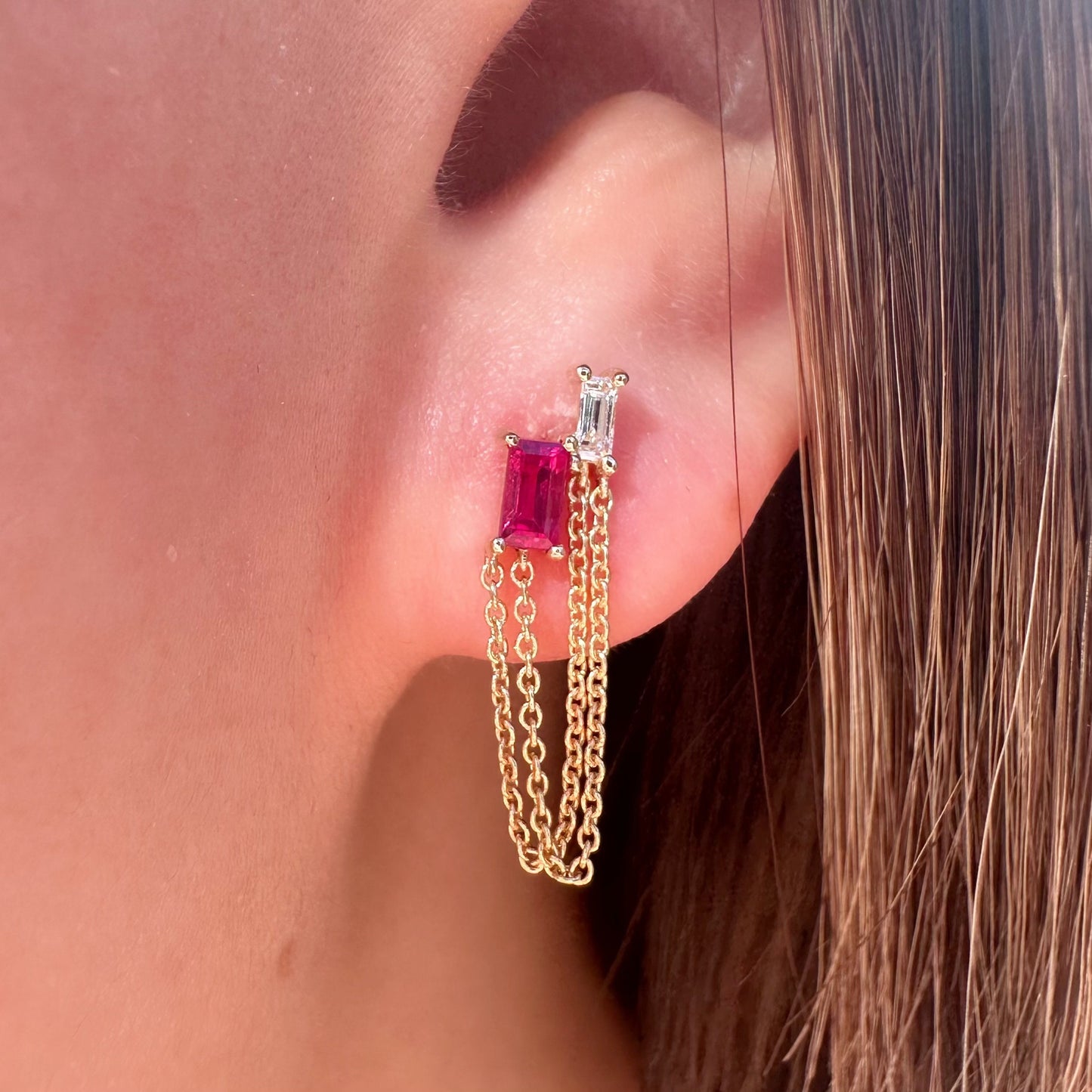 14K Solid Gold Genuine Ruby and Diamond Double Chain Earrings/Pair