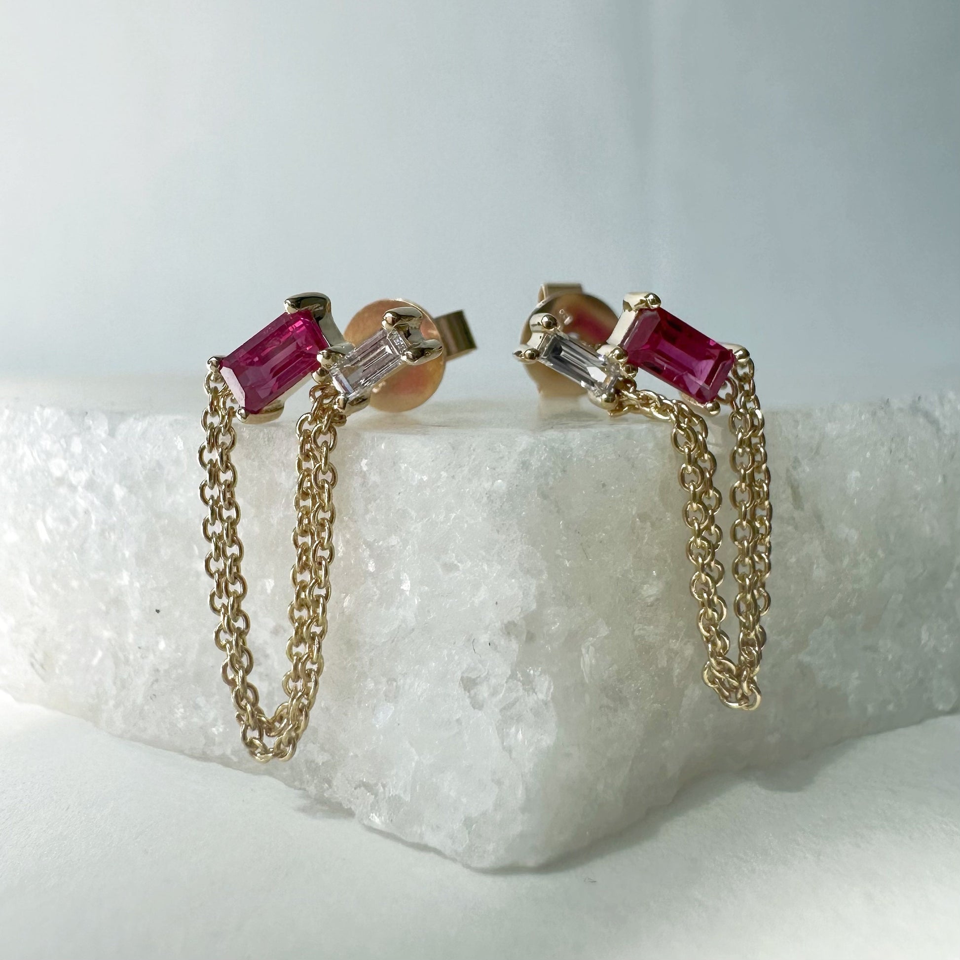 14K Solid Gold Genuine Ruby and Diamond Double Chain Earrings/Pair