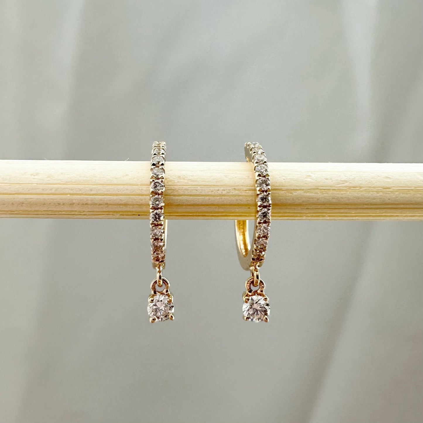 14K Solid Gold Genuine Diamond Dangle Hoops/Huggies (Pair)