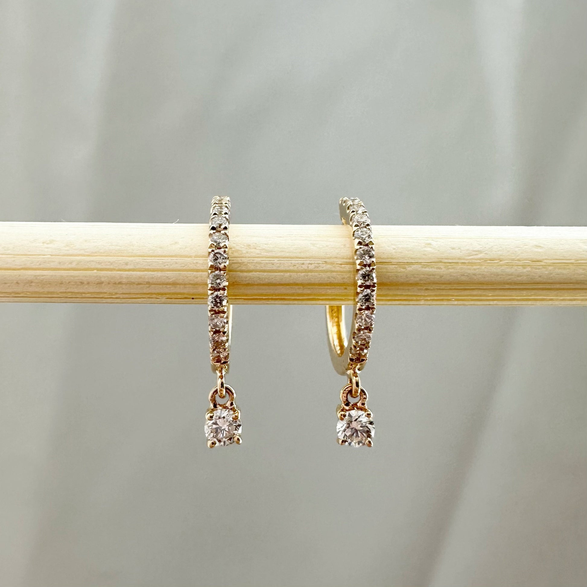 14K Solid Gold Genuine Diamond Dangle Hoops/Huggies (Pair)