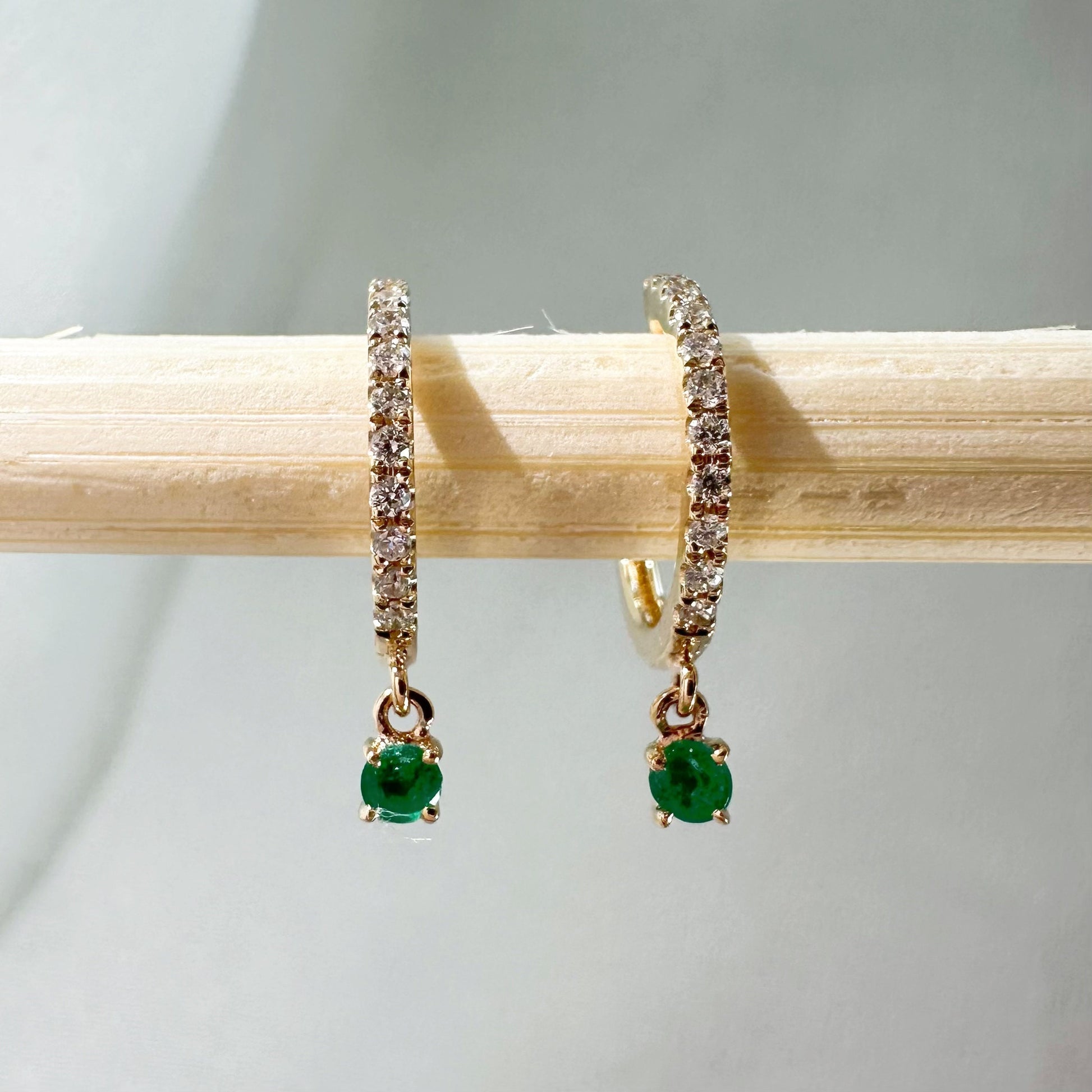 14K Solid Gold Genuine Diamond and Emerald Dangle Hoops/Huggies (Pair)