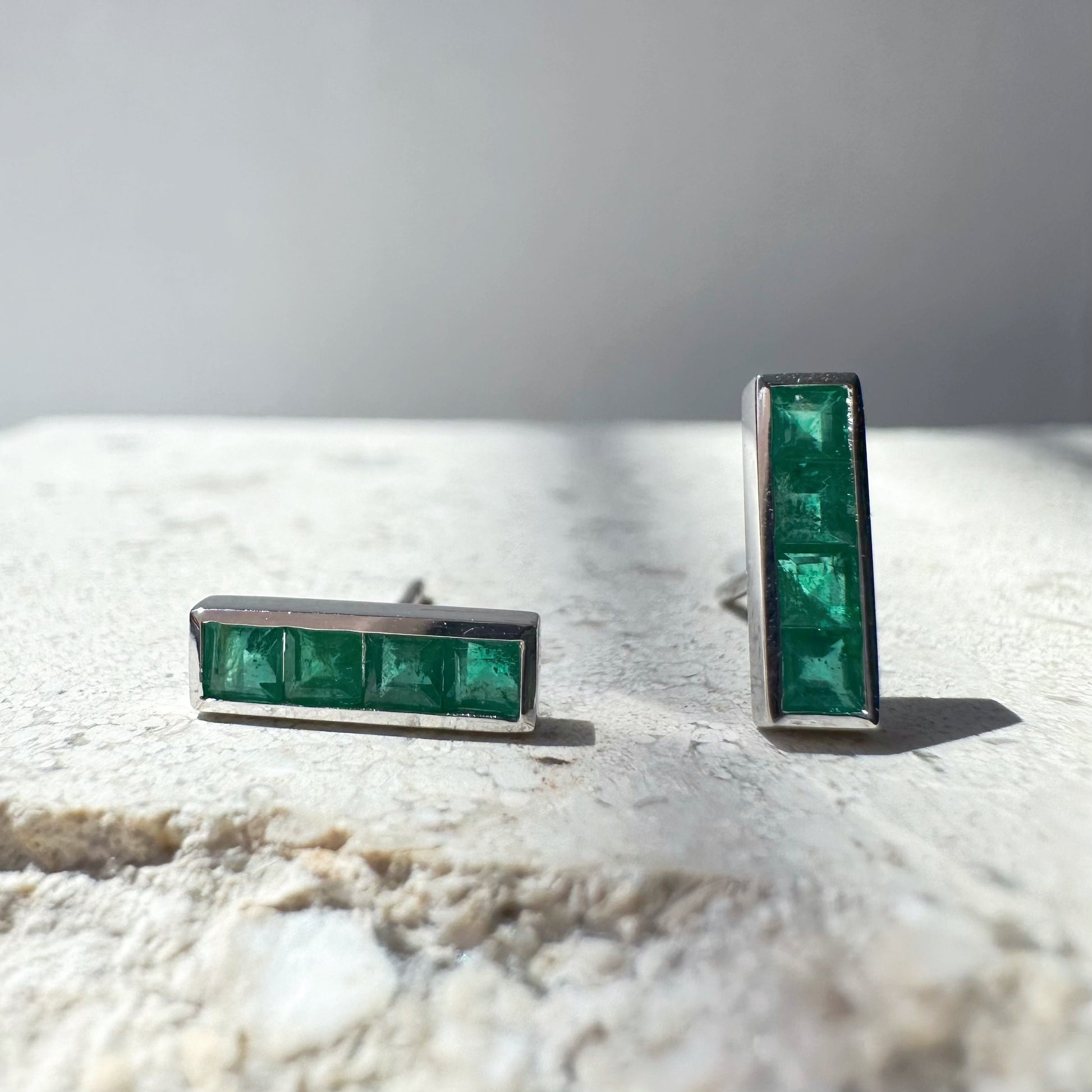 14K Solid Gold Genuine Emerald Bezel Bar Studs/Pair