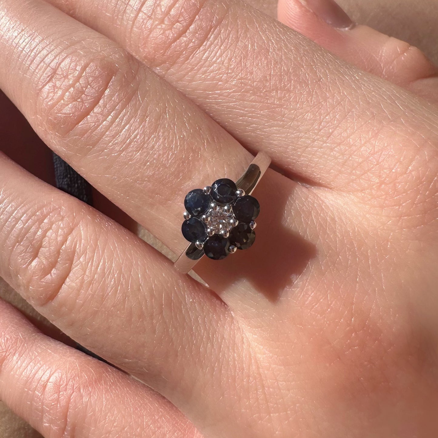 14K Solid Gold Genuine Sapphire and Diamond Flower Ring