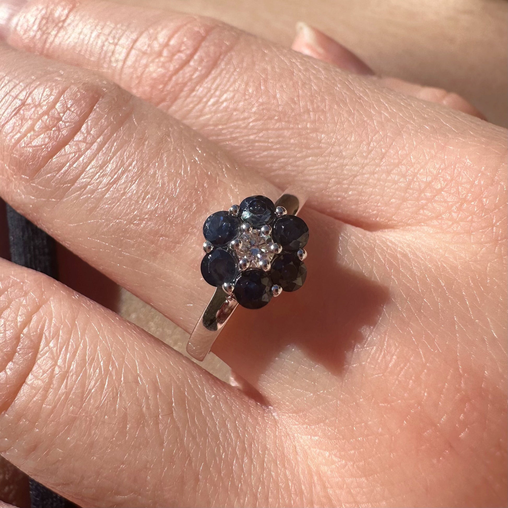 14K Solid Gold Genuine Sapphire and Diamond Flower Ring