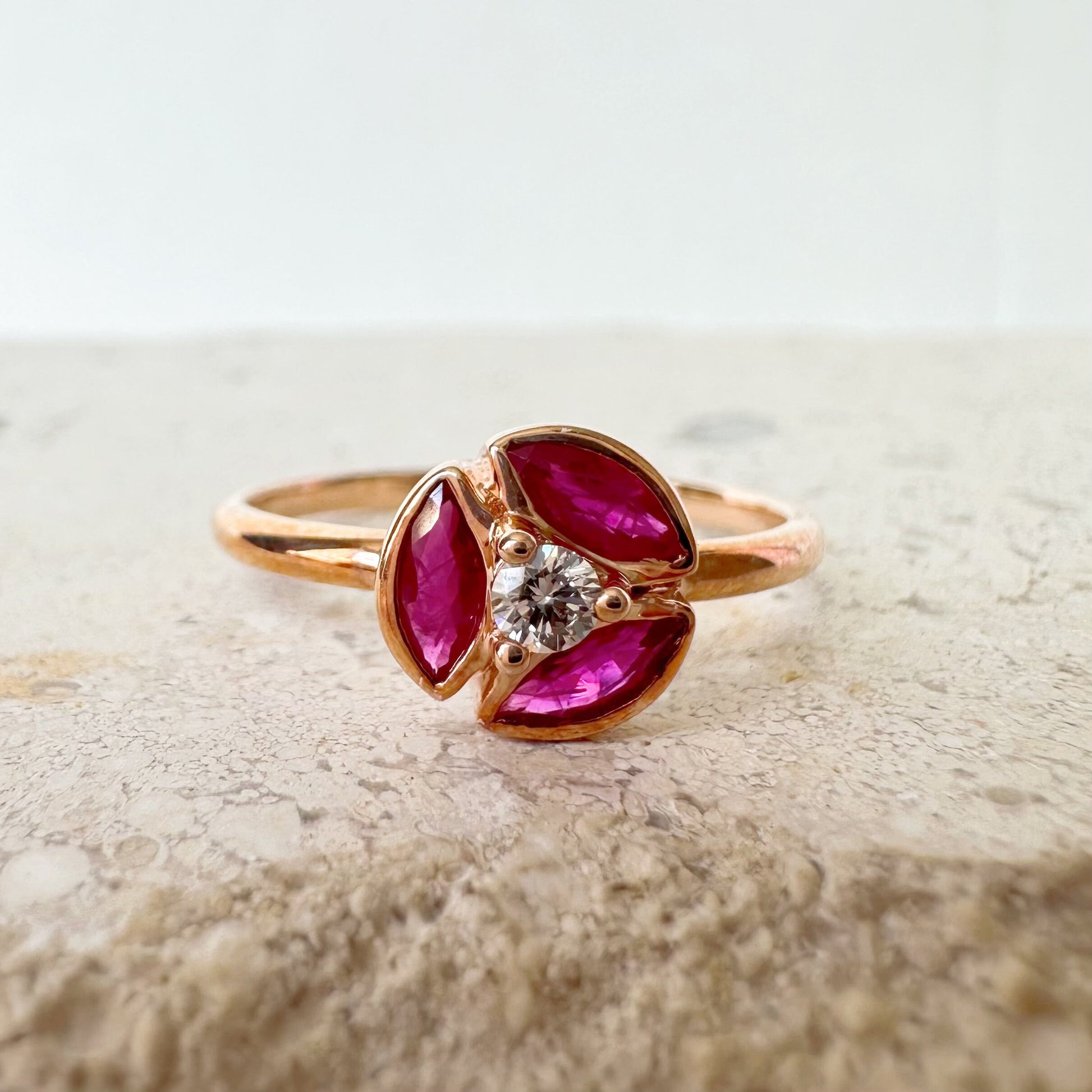 14K Solid Rose Gold Genuine Ruby and Diamond Marquise Ring