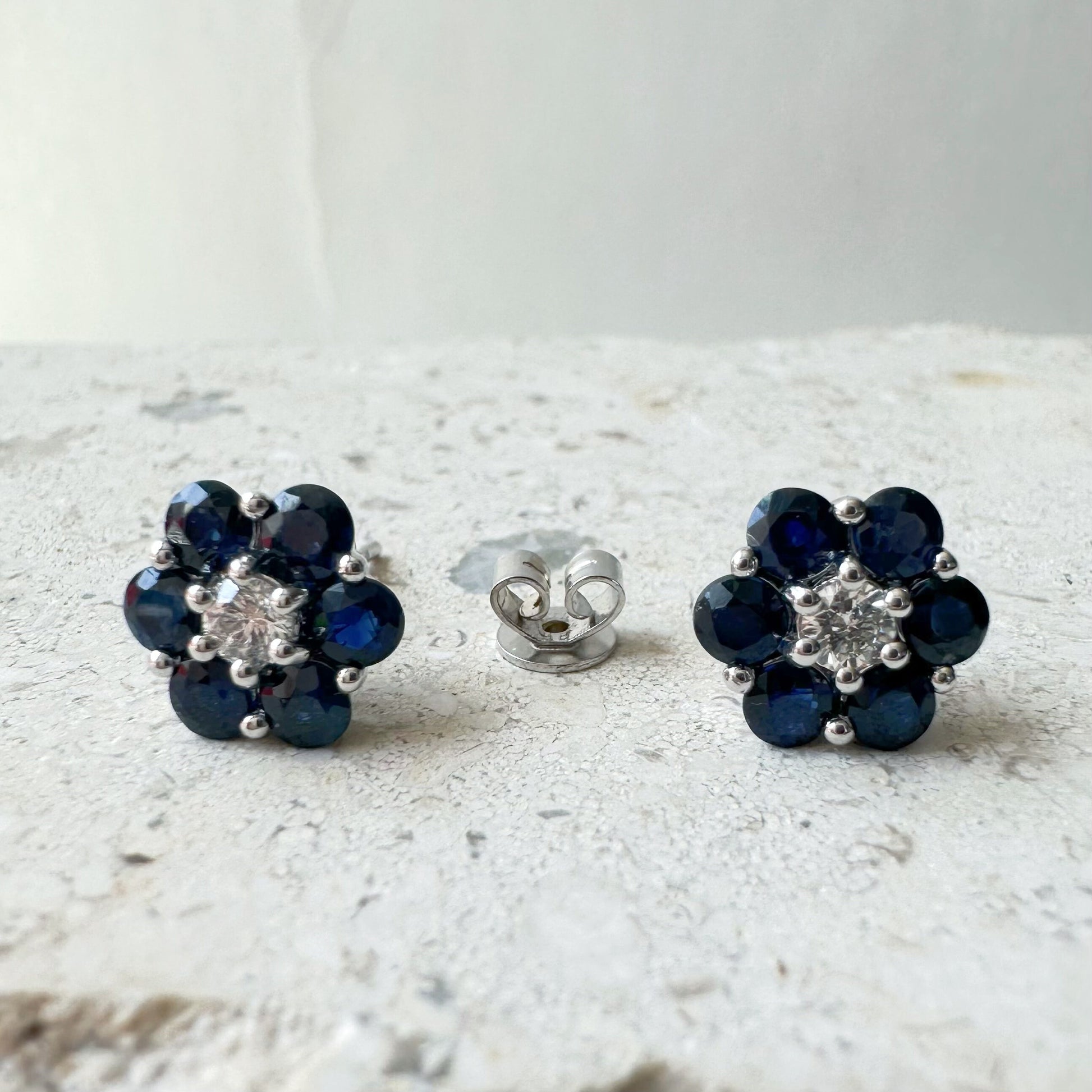 14K Solid White Gold Genuine 1.94 CT Sapphire and Diamond Flower Studs/Pair