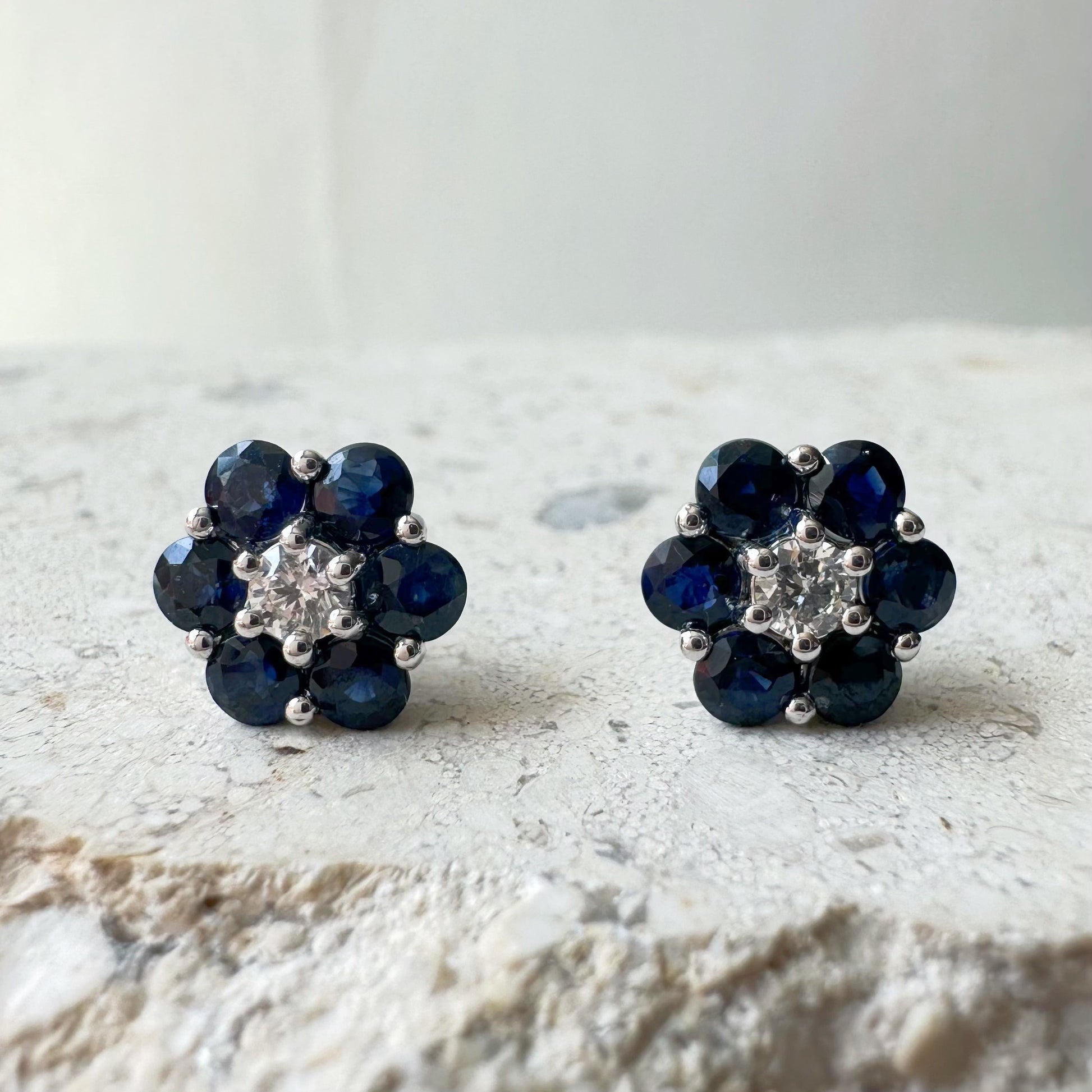 14K Solid White Gold Genuine 1.94 CT Sapphire and Diamond Flower Studs/Pair