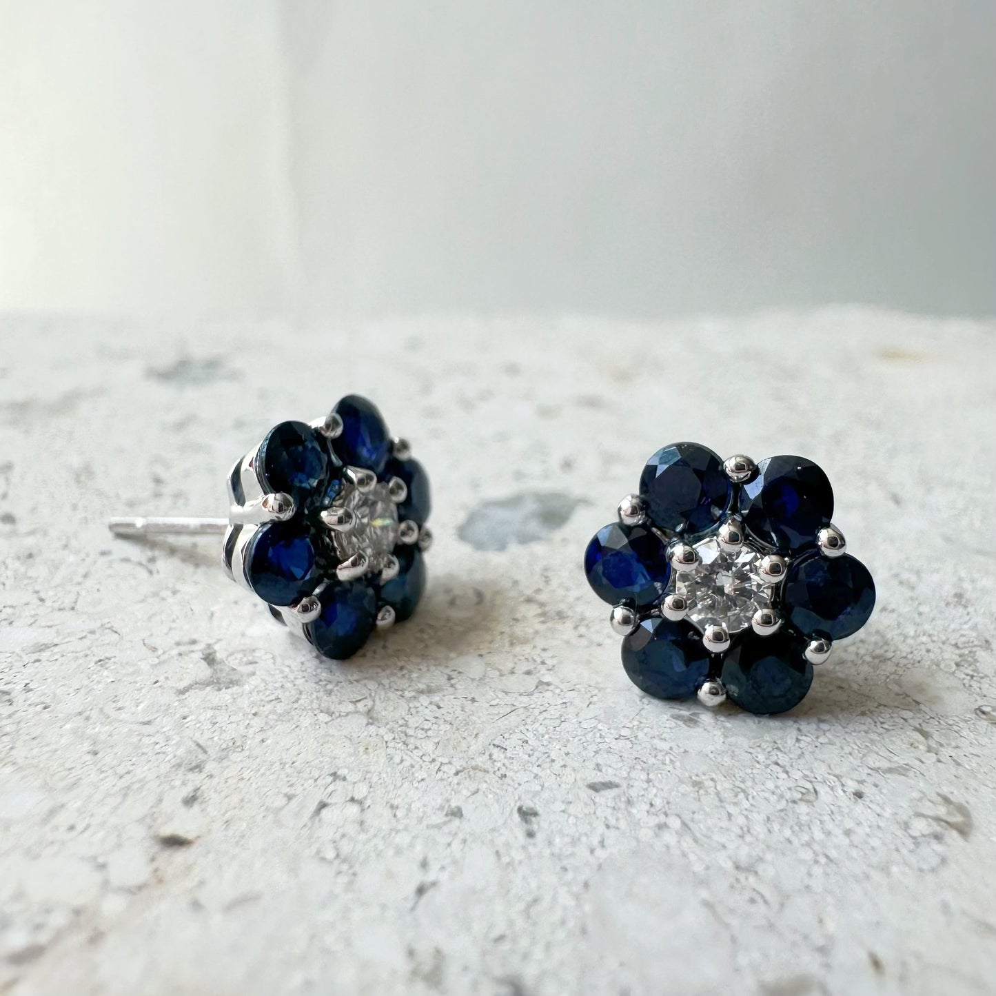 14K Solid White Gold Genuine 1.94 CT Sapphire and Diamond Flower Studs/Pair