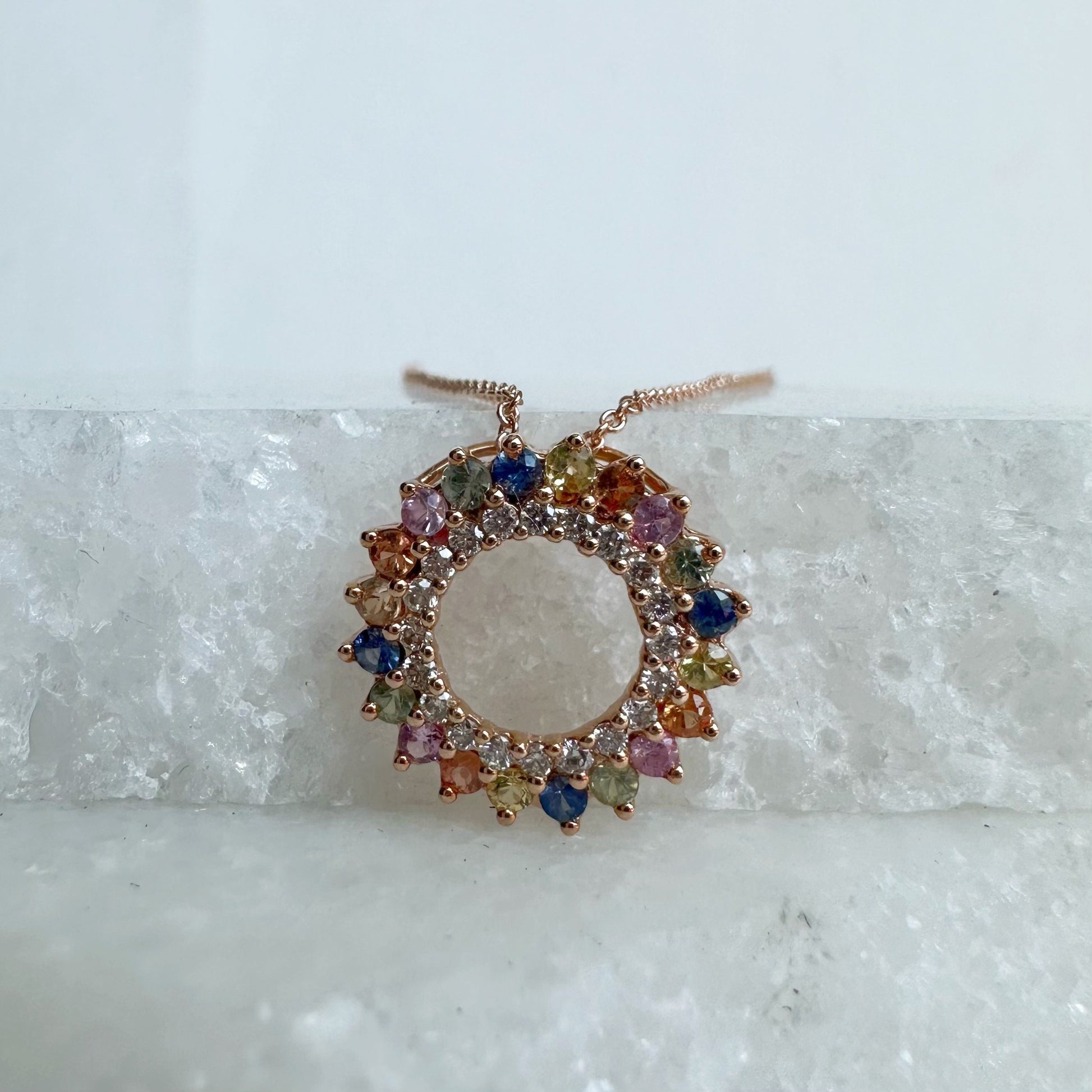 18K Solid Gold Genuine Rainbow Circle Pendant (pendant only)