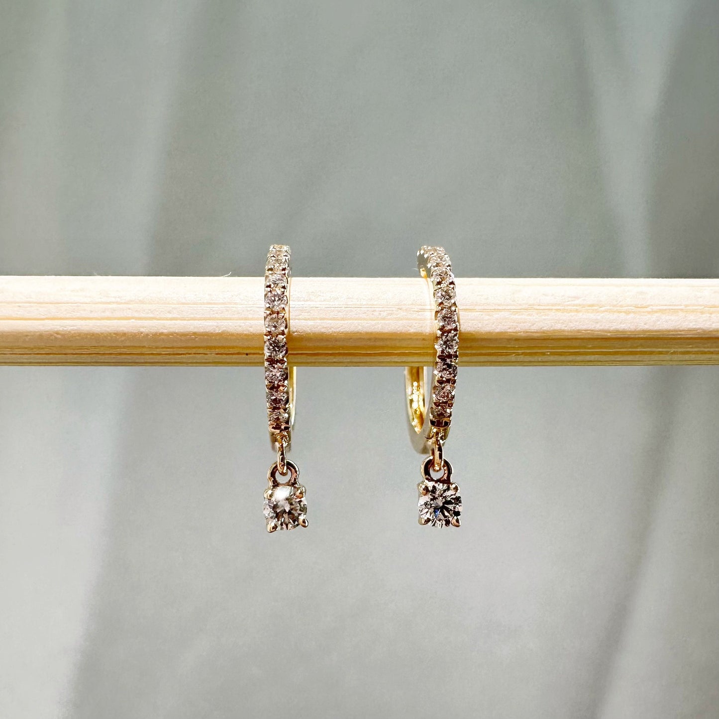 14K Solid Gold Genuine Diamond Dangle Hoops/Huggies (Pair)