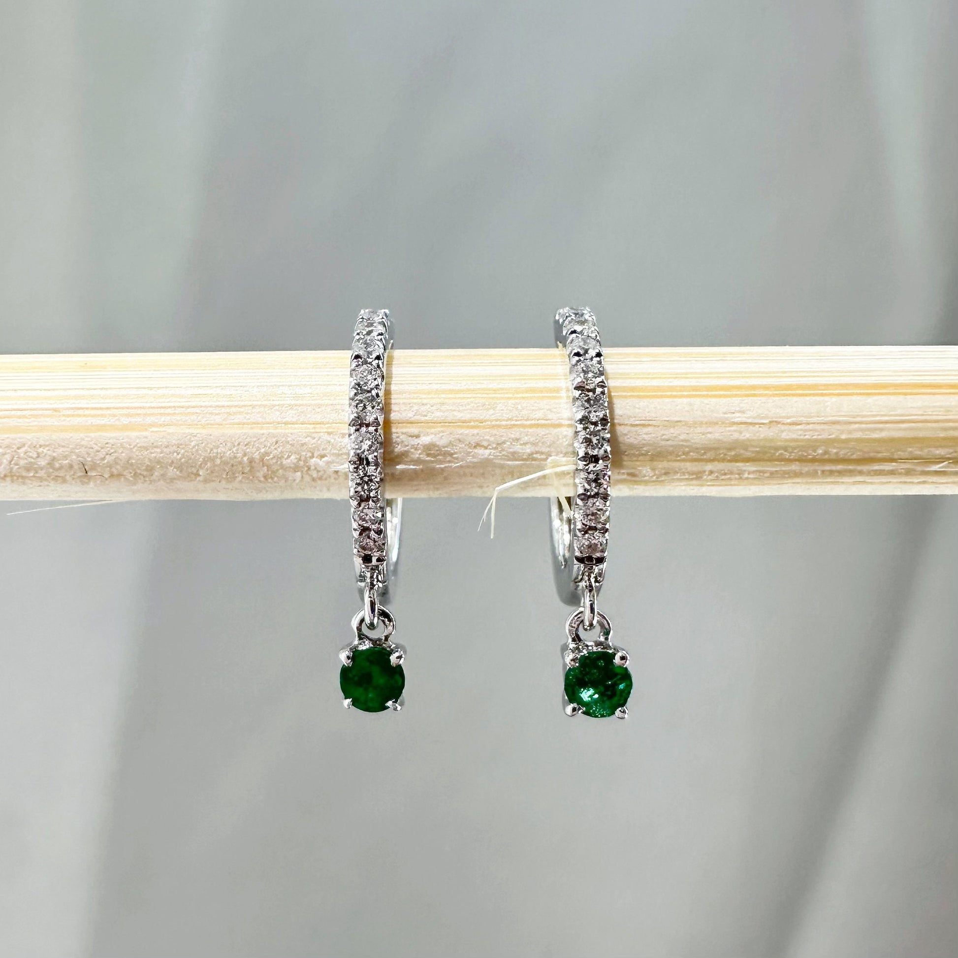 14K Solid Gold Genuine Diamond and Emerald Dangle Hoops/Huggies (Pair)