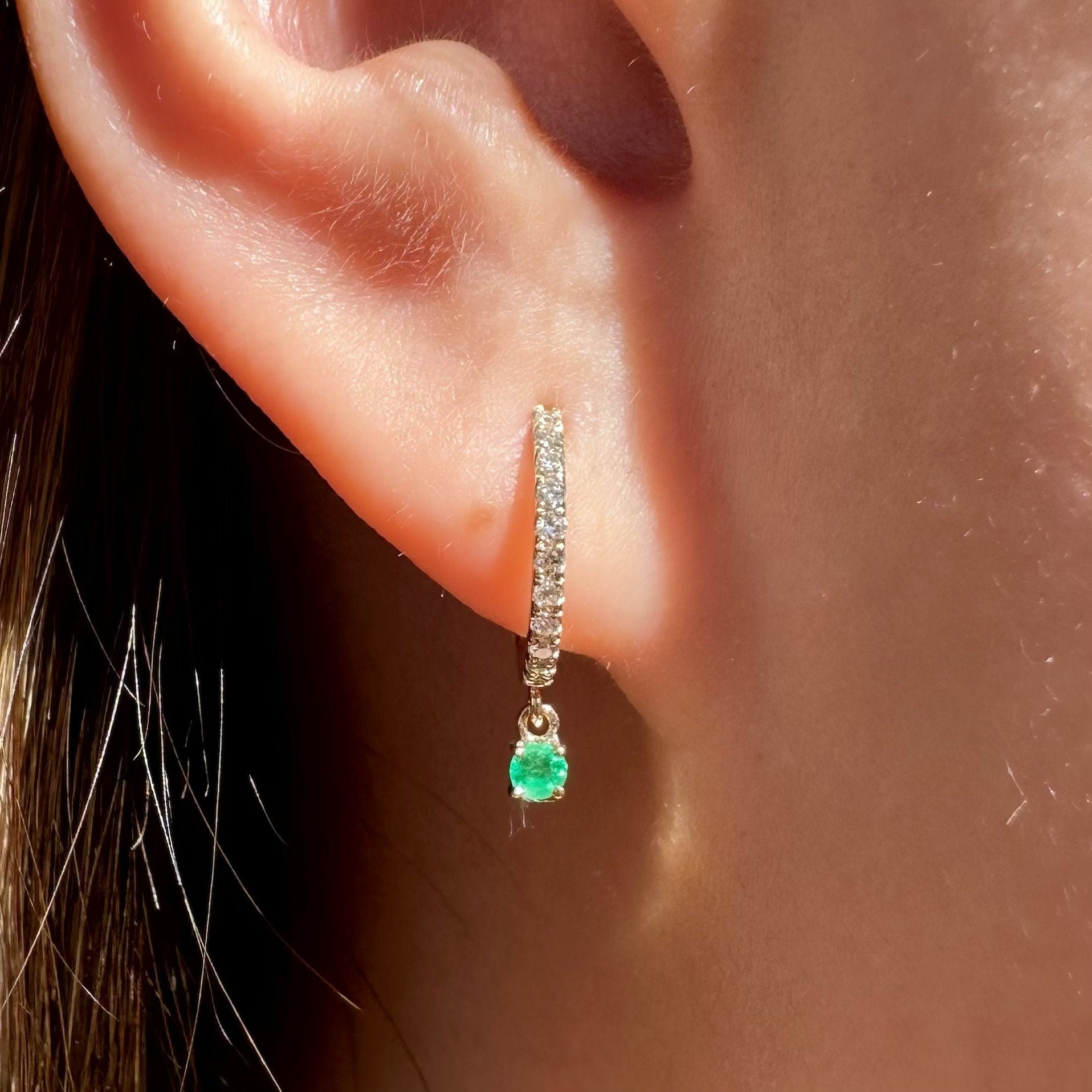 14K Solid Gold Genuine Diamond and Emerald Dangle Hoops/Huggies (Pair)