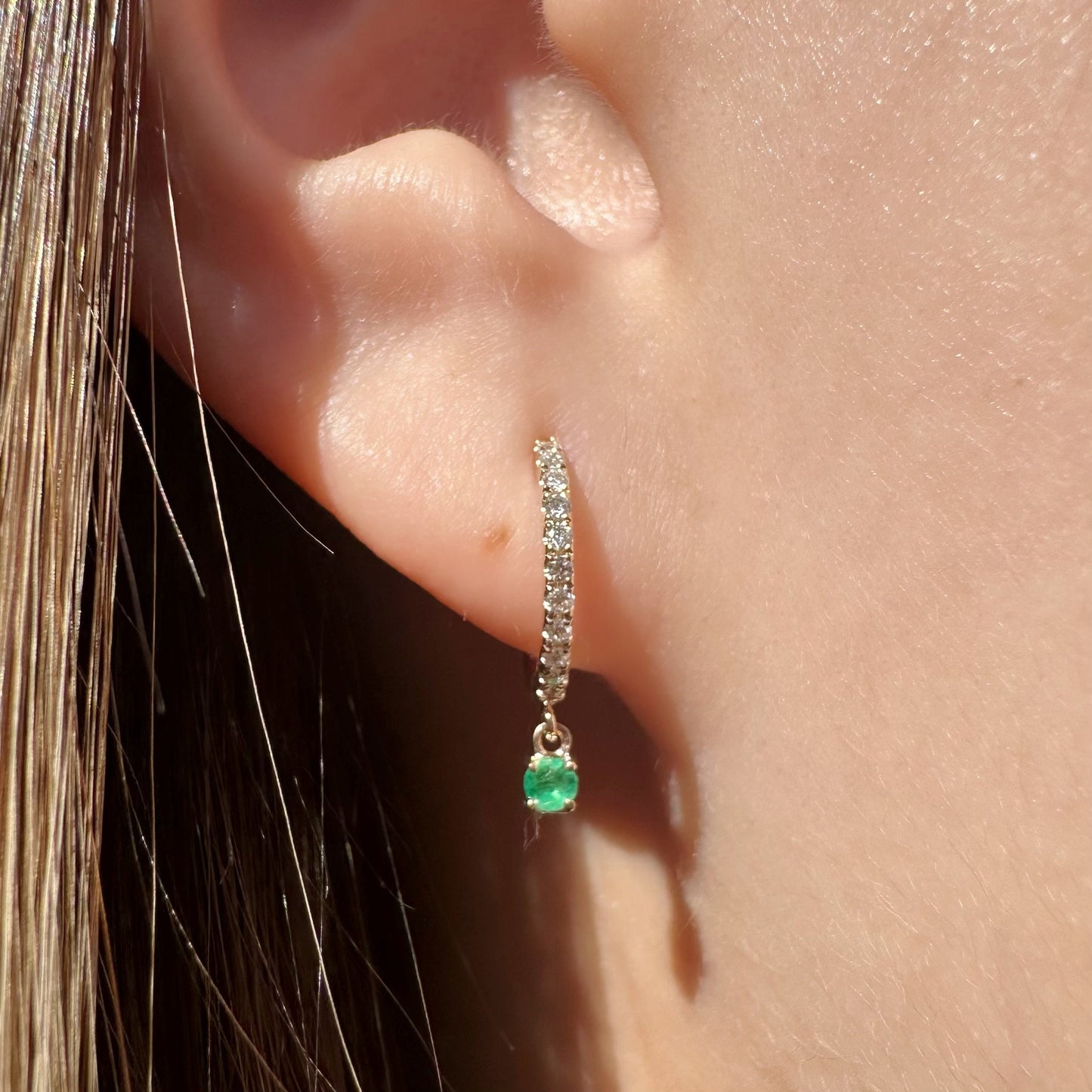 14K Solid Gold Genuine Diamond and Emerald Dangle Hoops/Huggies (Pair)