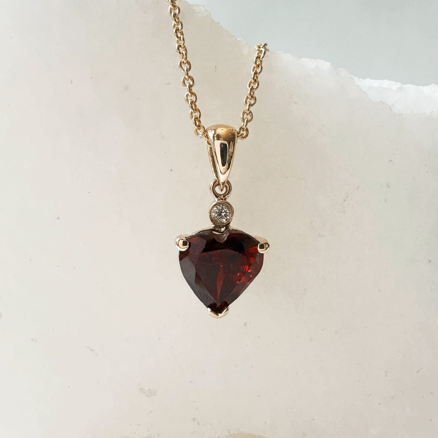 14K Solid Gold Heart Shaped Genuine Garnet and Diamond Pendant