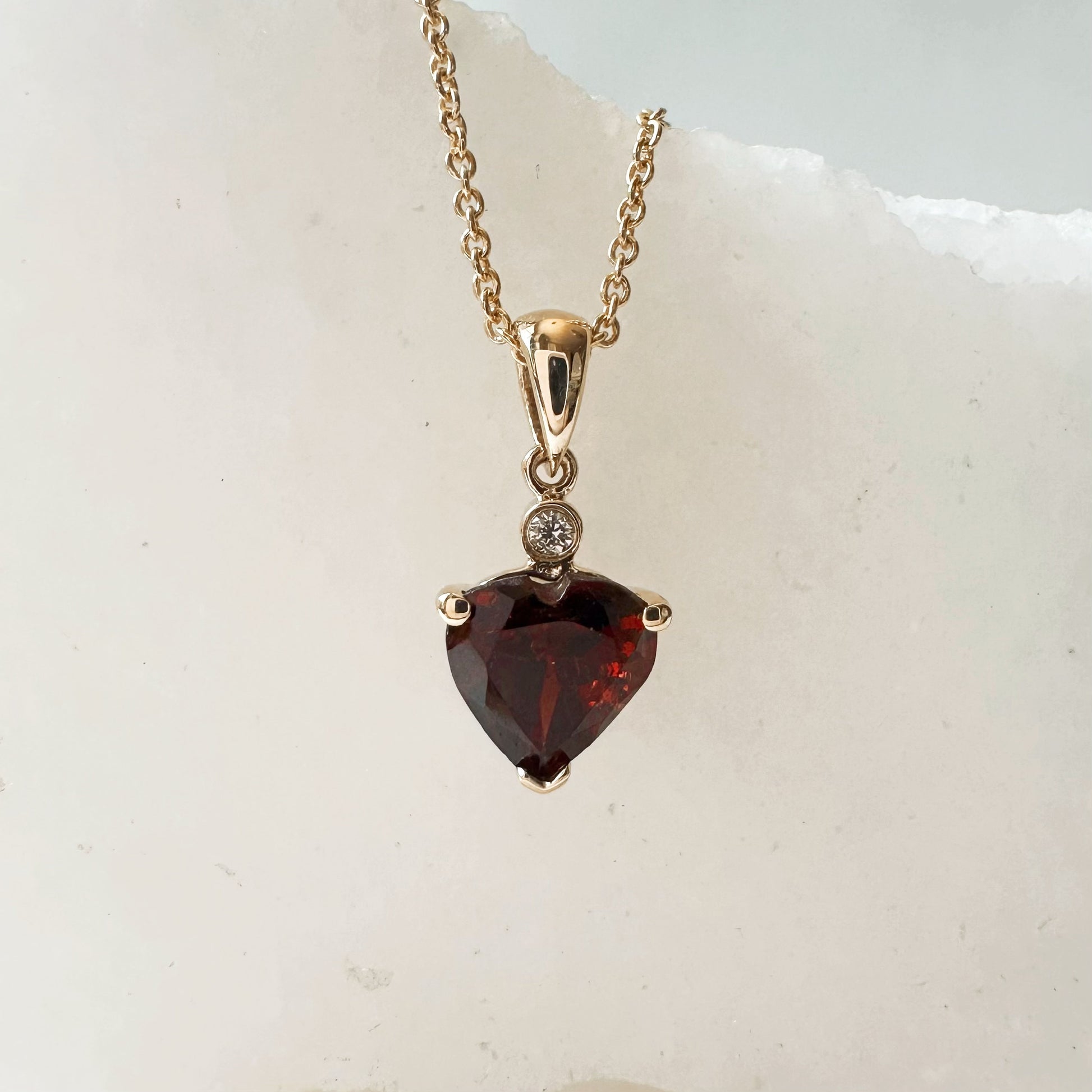 14K Solid Gold Heart Shaped Genuine Garnet and Diamond Pendant