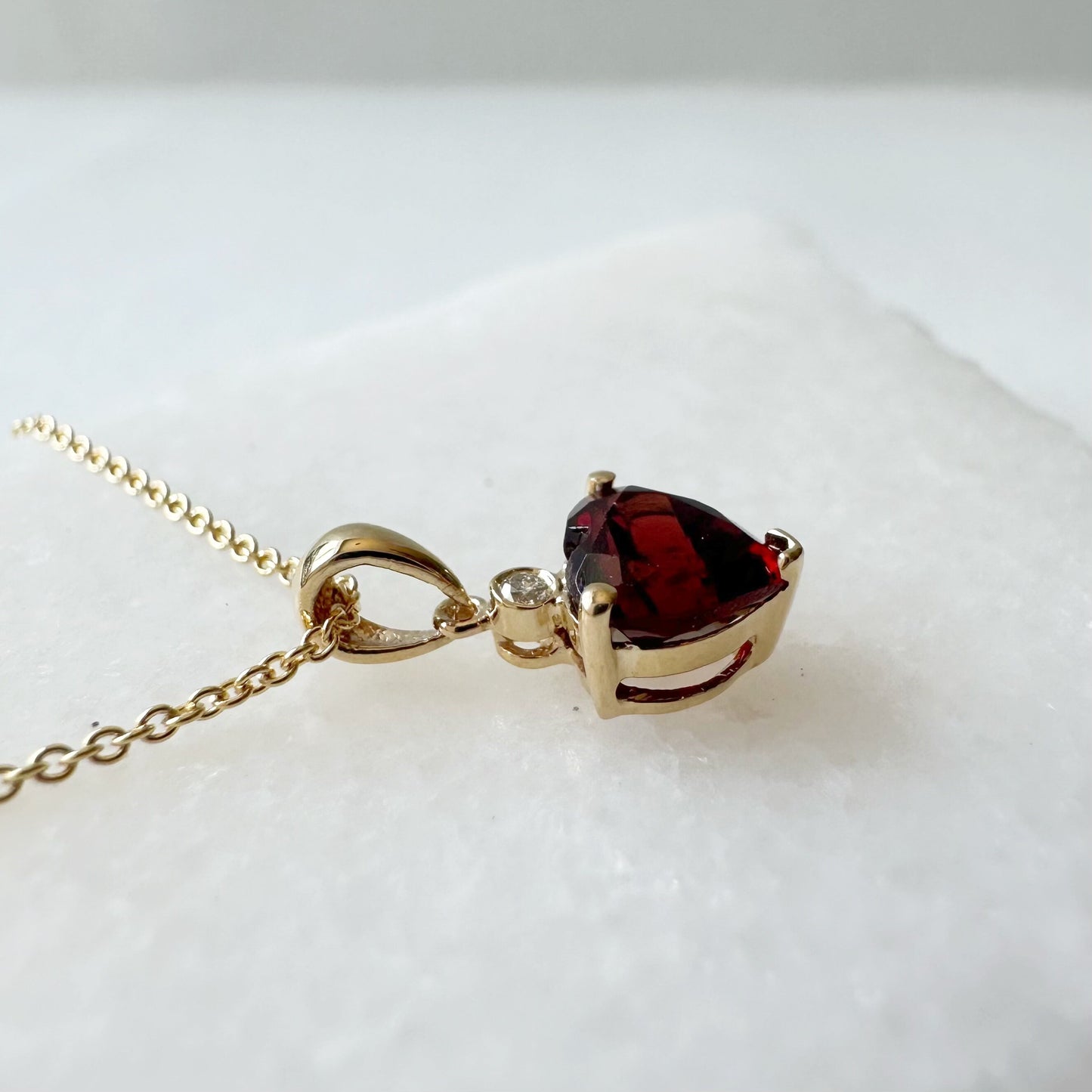 14K Solid Gold Heart Shaped Genuine Garnet and Diamond Pendant