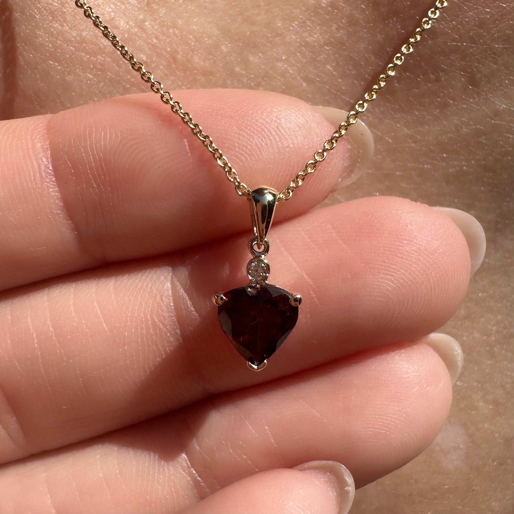 14K Solid Gold Heart Shaped Genuine Garnet and Diamond Pendant