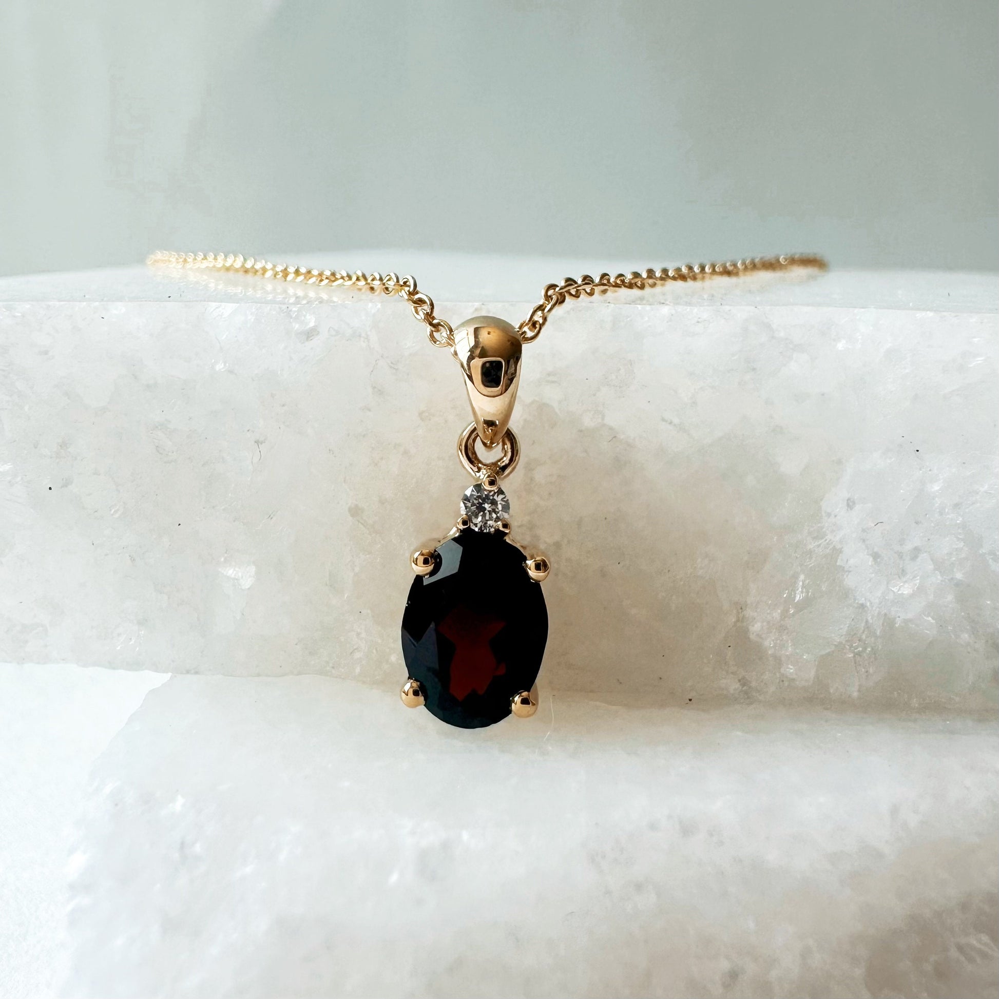 14K Solid Gold Genuine Oval Garnet and Diamond Pendant