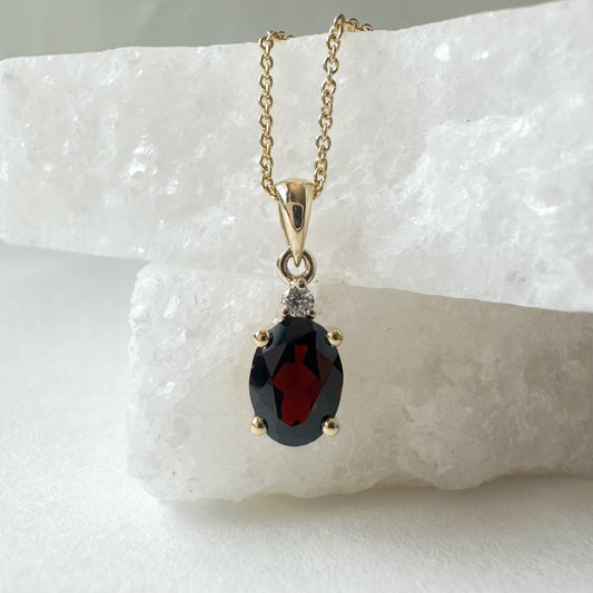 14K Solid Gold Genuine Oval Garnet and Diamond Pendant