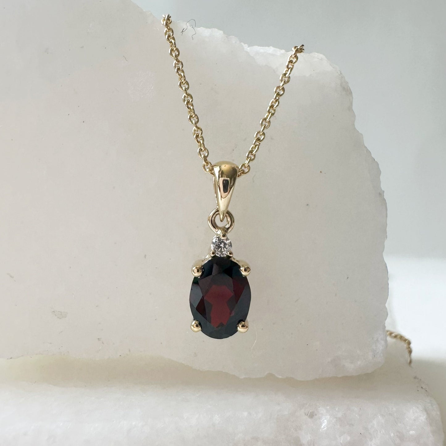 14K Solid Gold Genuine Oval Garnet and Diamond Pendant